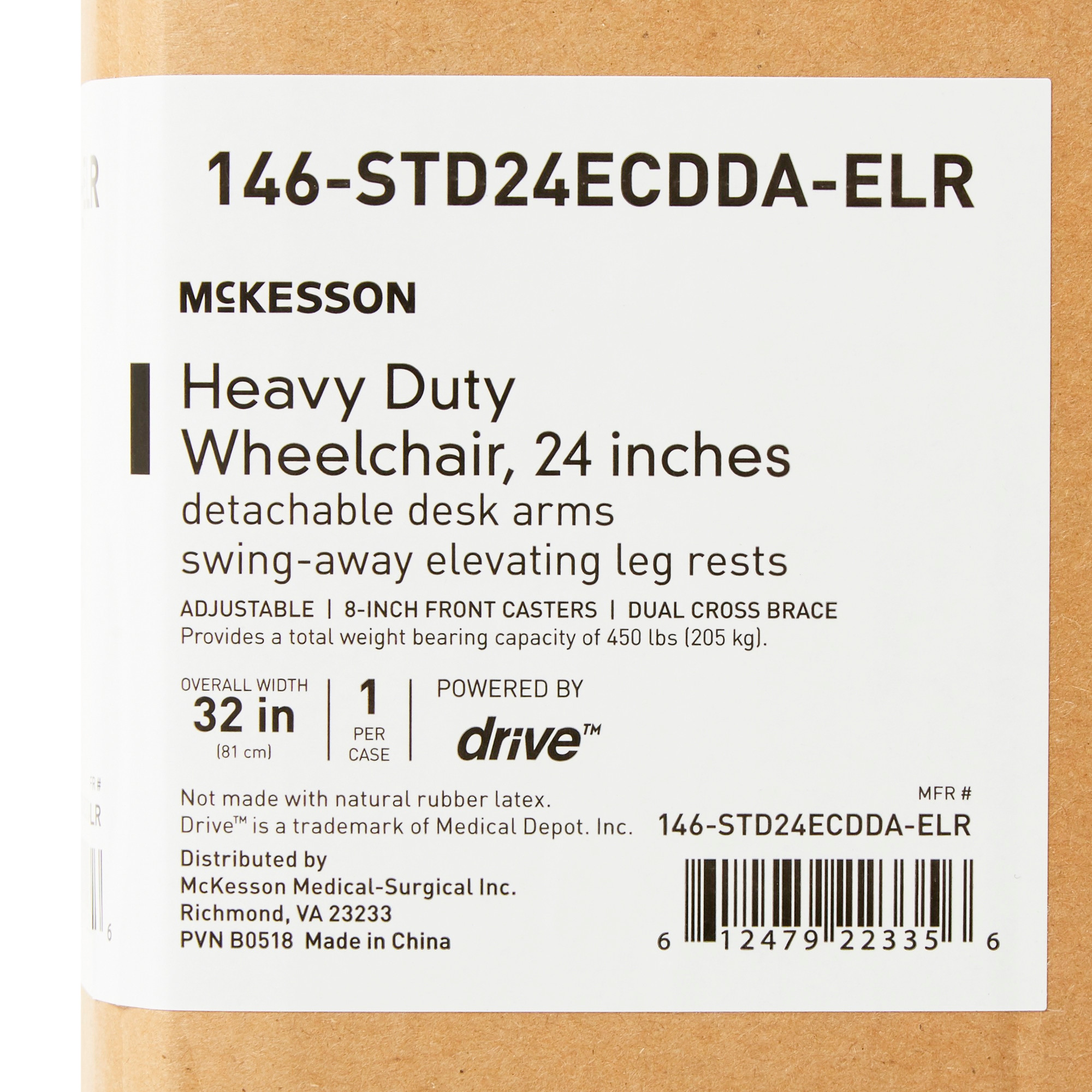 McKesson Bariatric Dual Axle Desk Length Wheelchair, 450 lbs. Weight Capacity