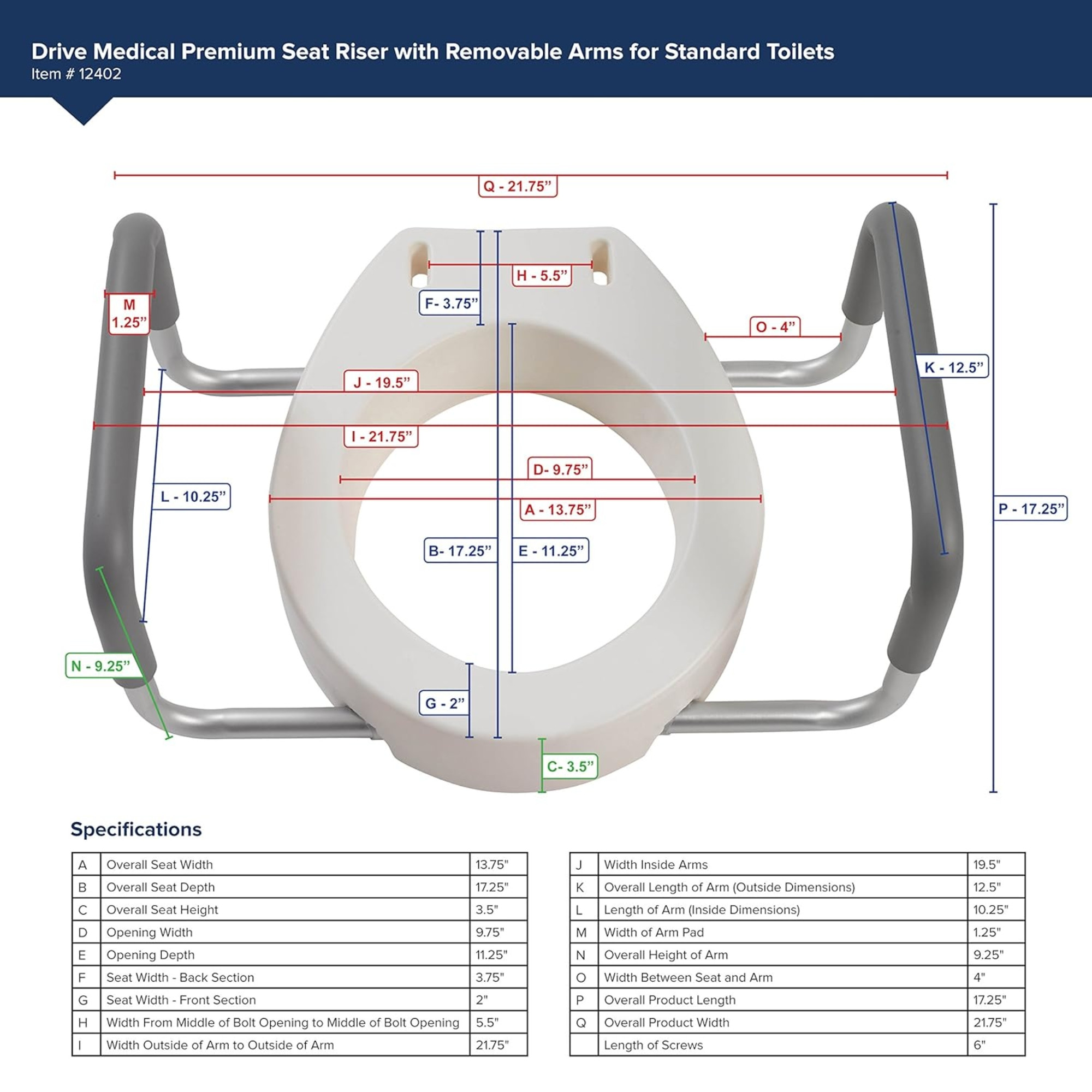 Drive Raised Toilet Seat with Arms