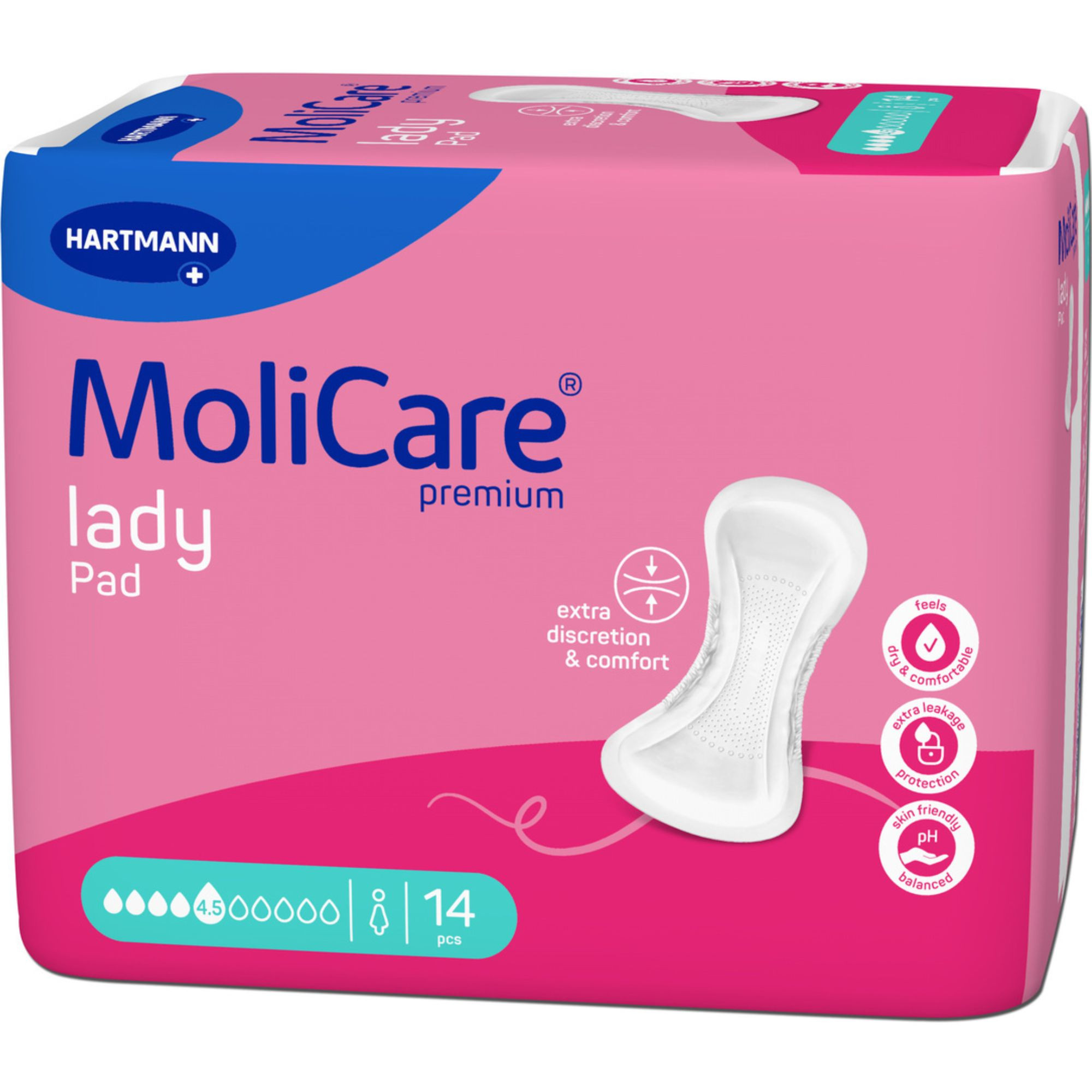 MoliCare Premium Adult Female Disposable Bladder Control Pad, Moderate, 168654, One Size Fits 4.5 Drops - Bag of 14