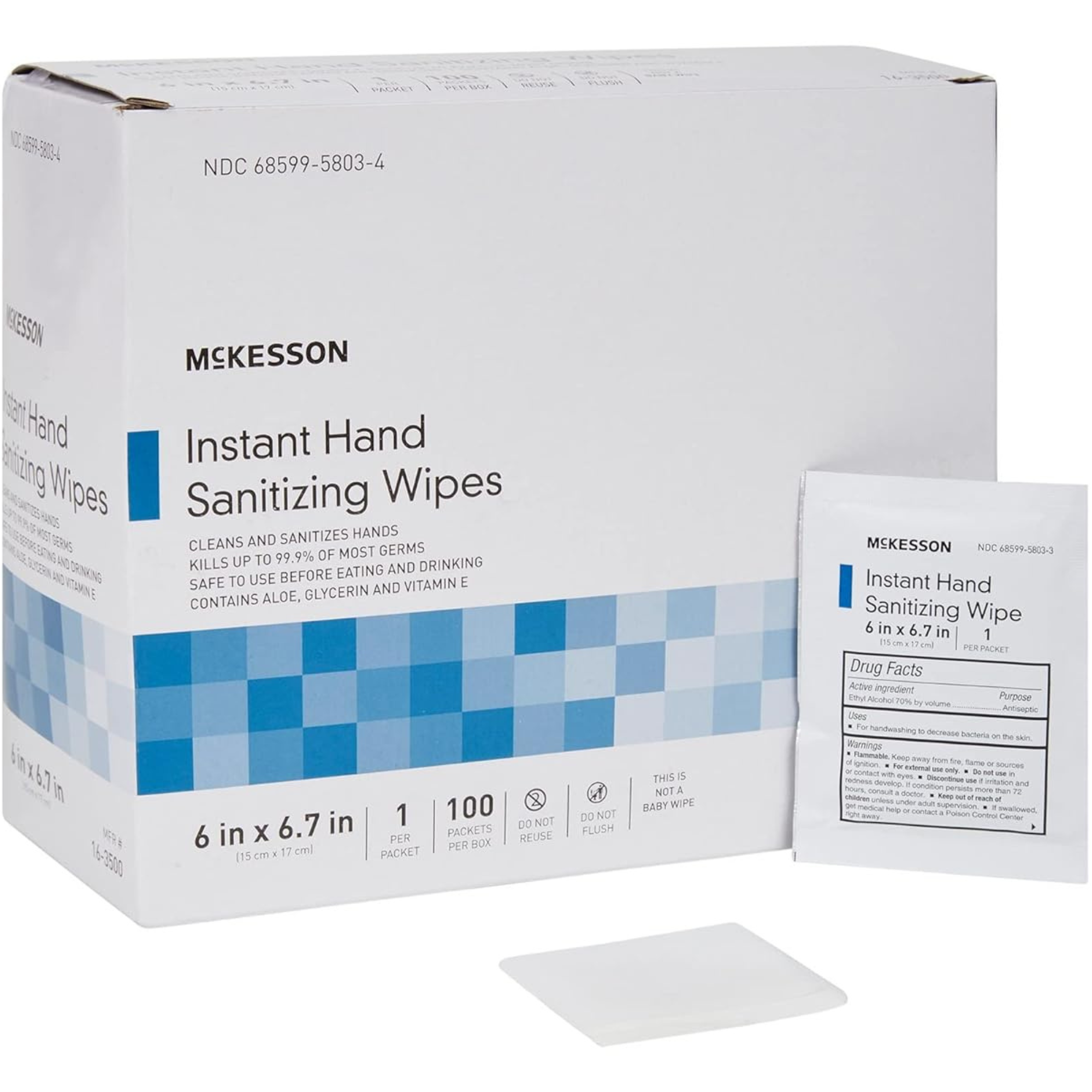 McKesson Hand Sanitizing Wipe Alcohol Wipe, Individual Packet, 16-3500, Case of 1000