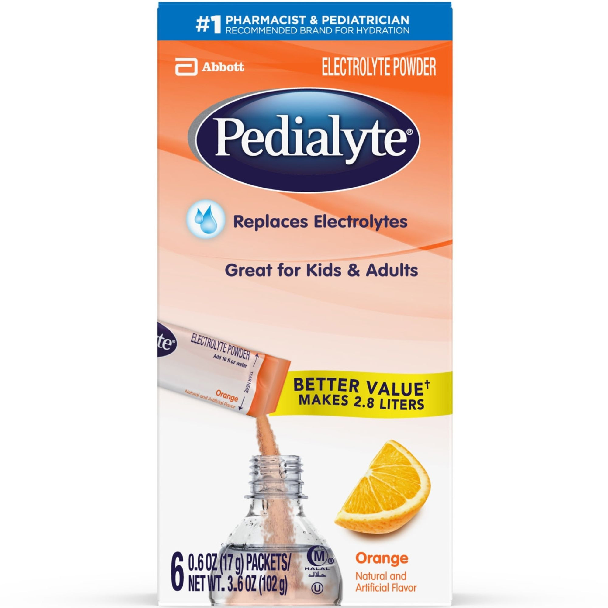Pedialyte Pediatric Oral Electrolyte Solution Powder, Orange Flavor, 17 Gram, Individual Packet, 64177, Case of 36 Packets