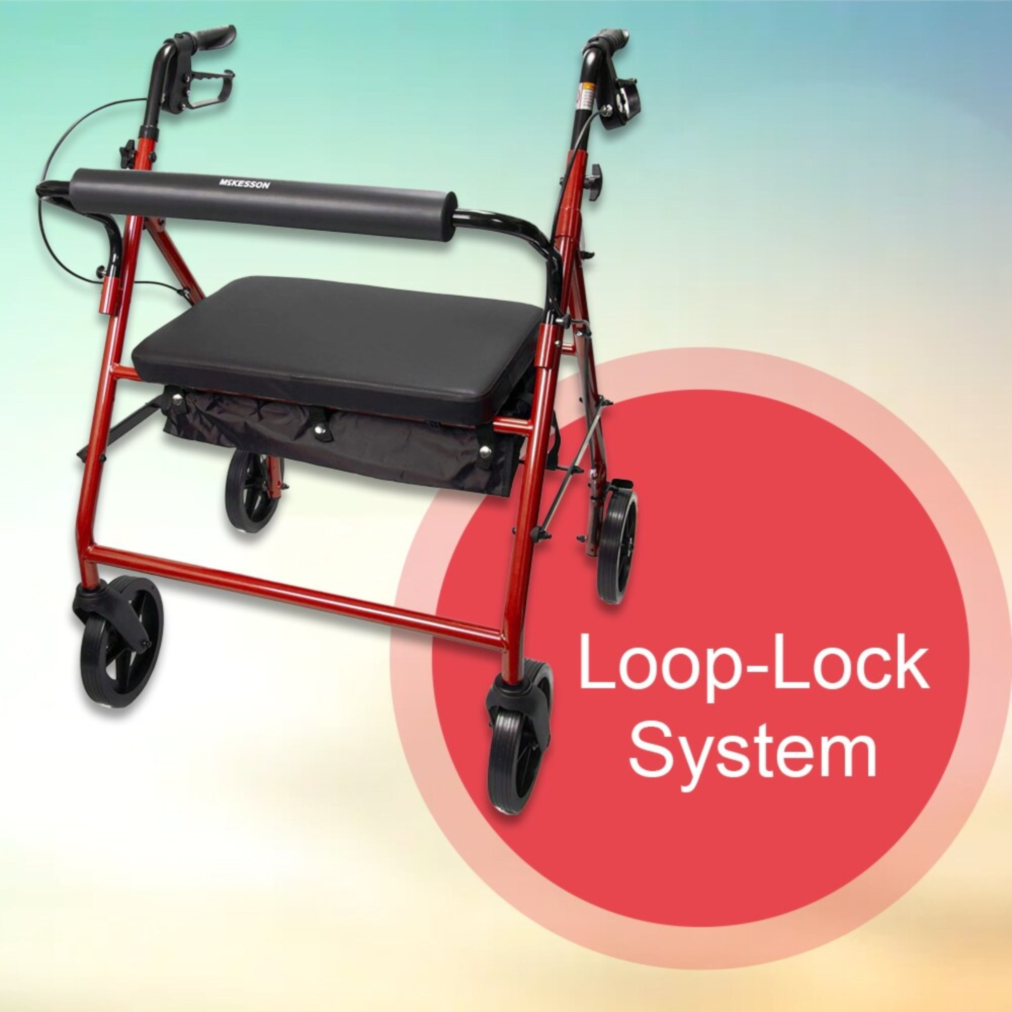 McKesson Folding Bariatric 4 Wheel Rollator, Red, Steel Frame 