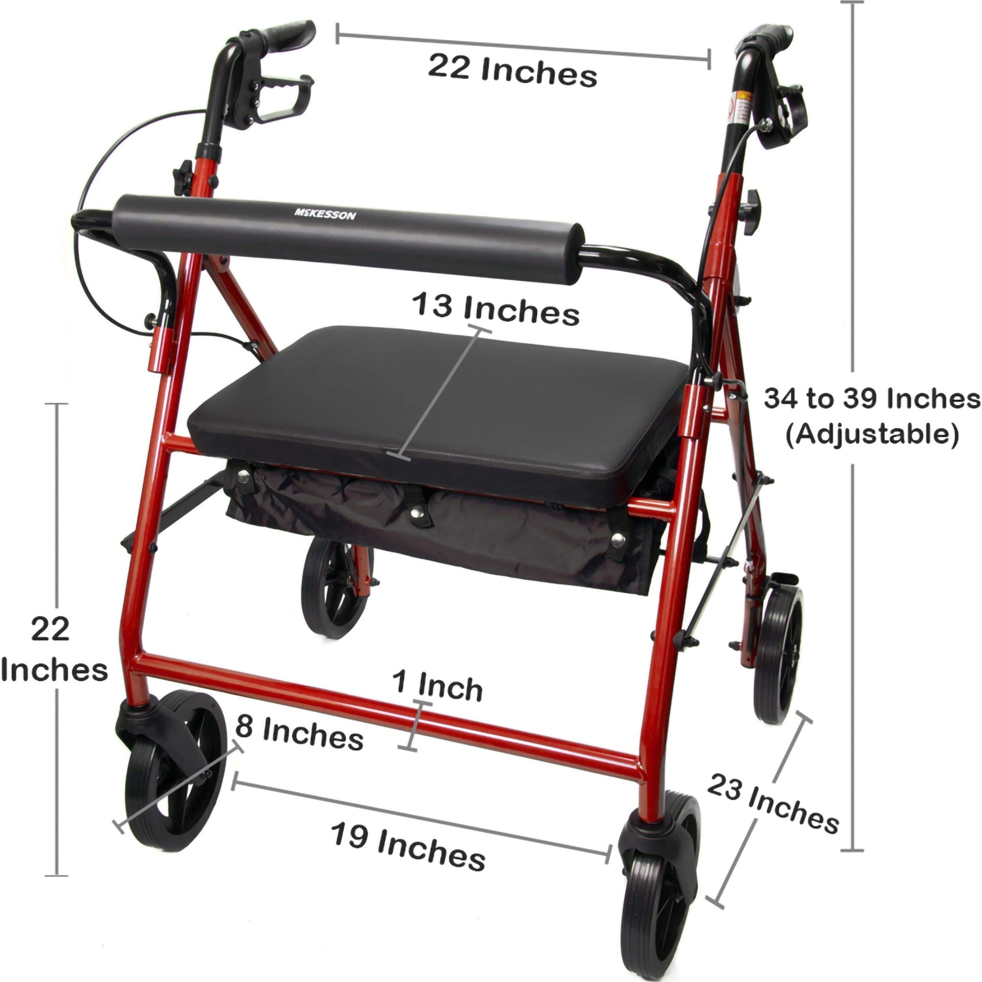 McKesson Folding Bariatric 4 Wheel Rollator, Red, Steel Frame 