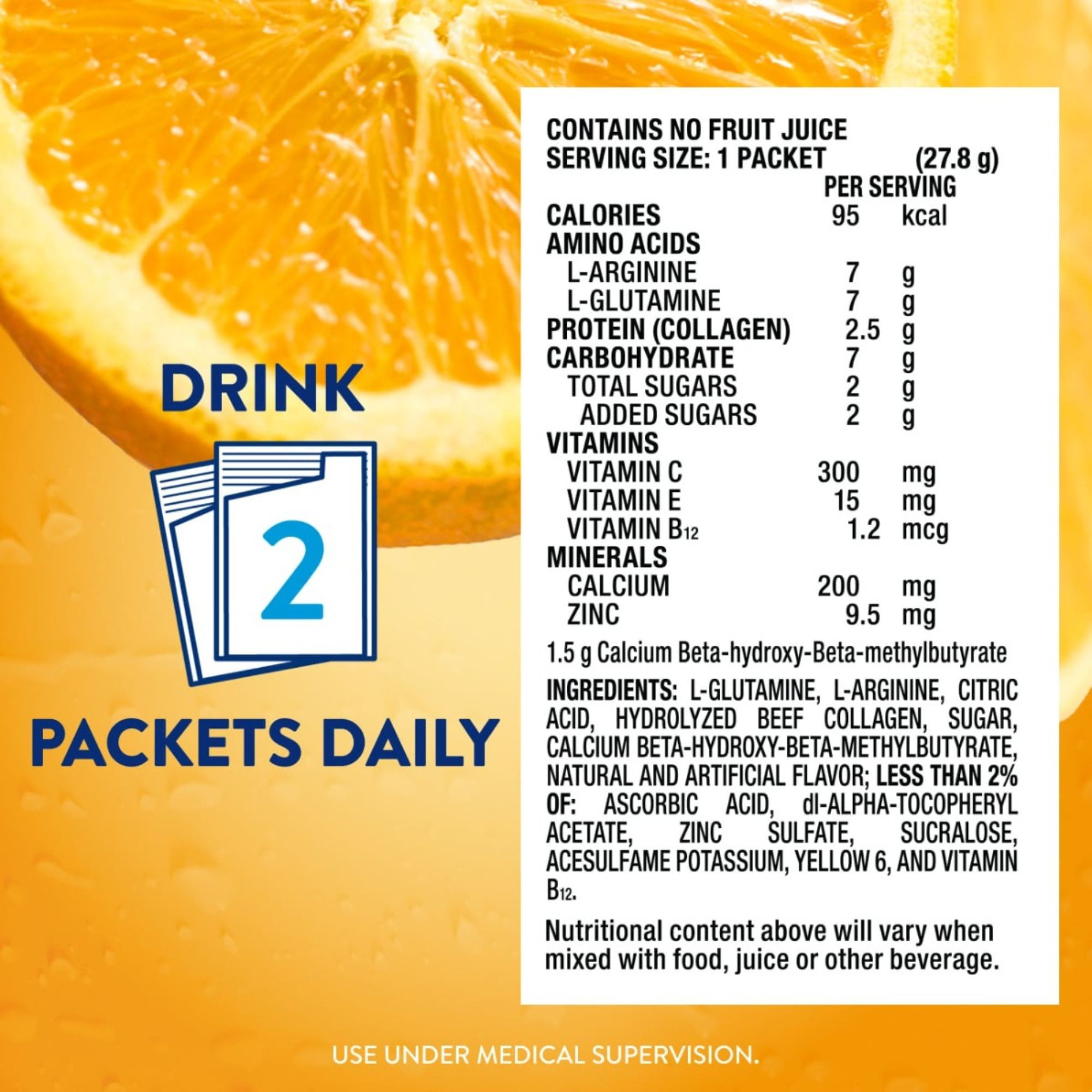 Juven Arginine/Glutamine Supplement Powder, Orange Flavor, 1.02 oz., Individual Packet