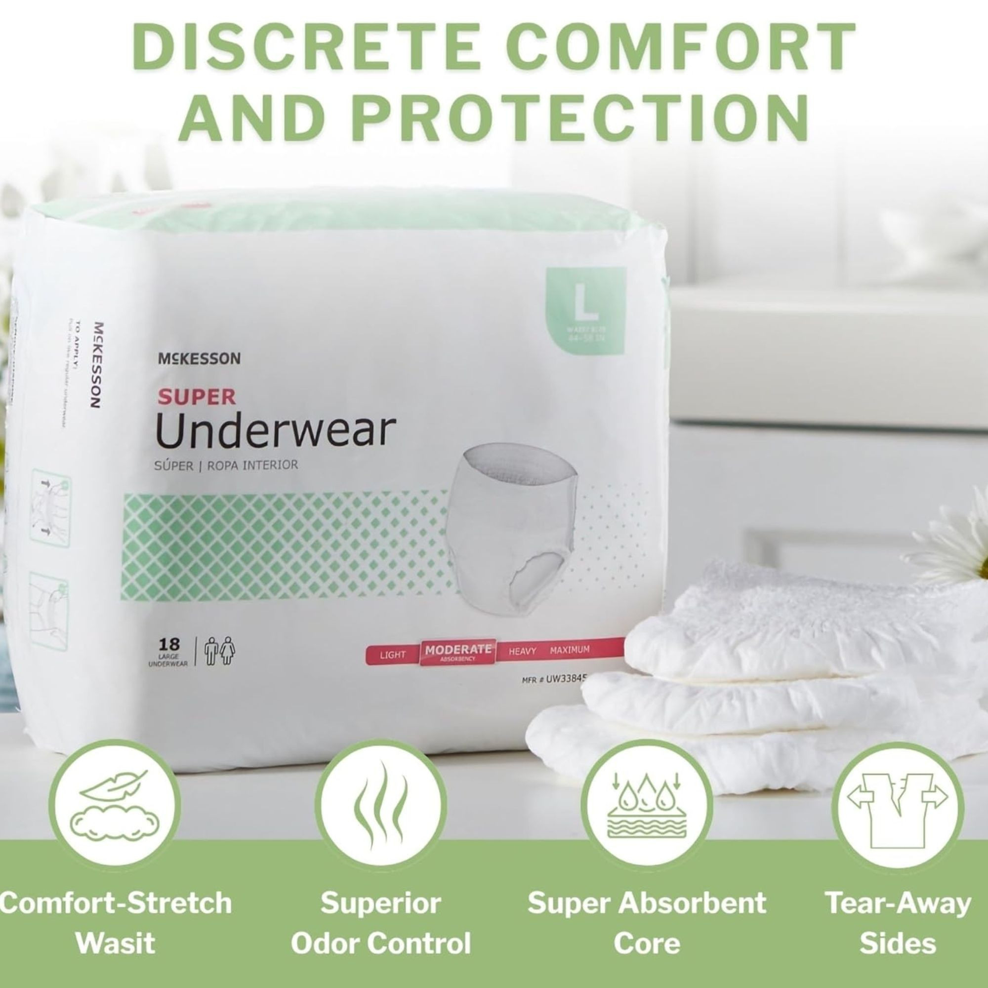 McKesson Unisex Adult Absorbent Pull-On, Moderate Absorbency, UW33845, Large (44-58") - Case of 72