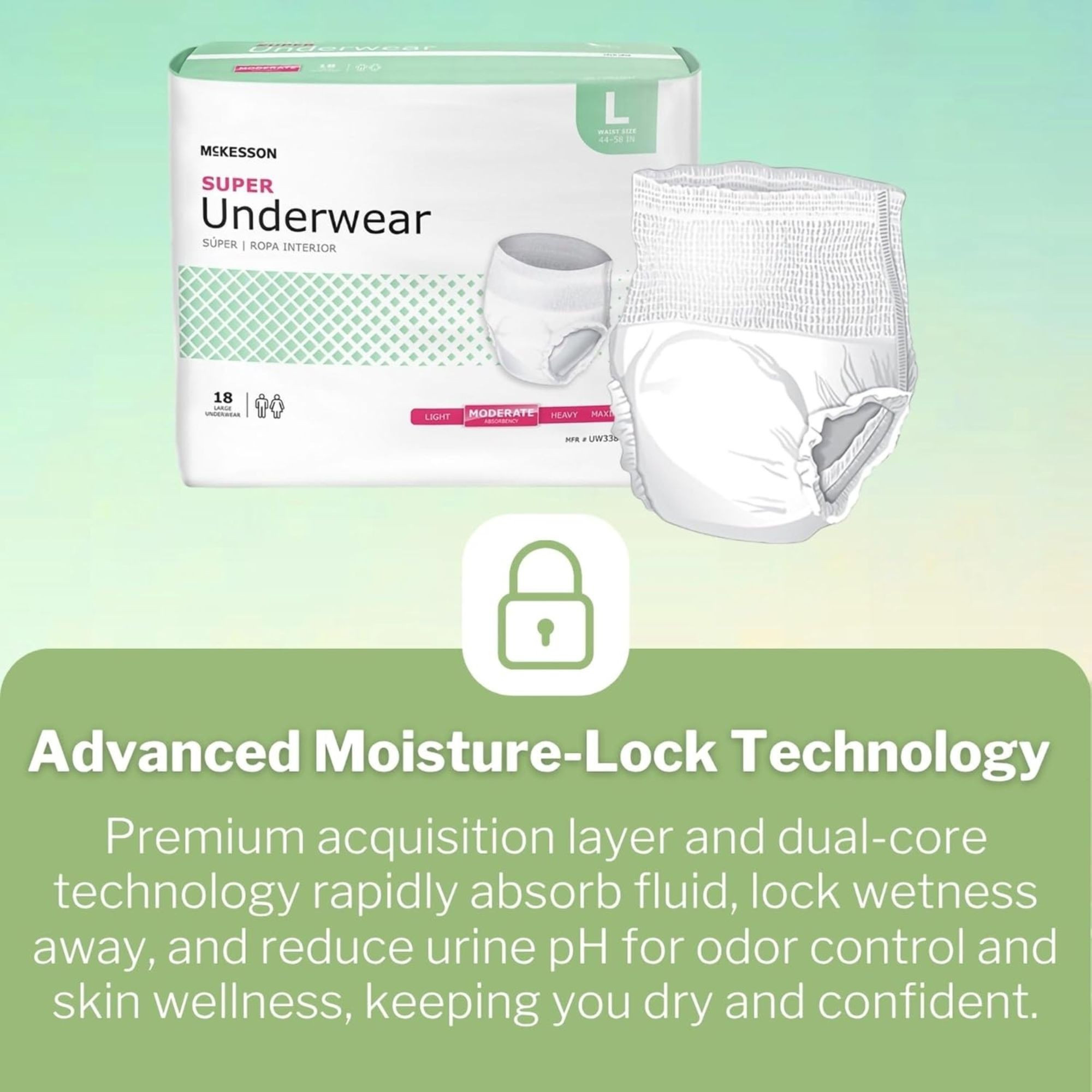 McKesson Unisex Adult Absorbent Pull-On, Moderate Absorbency, UW33845, Large (44-58") - Case of 72