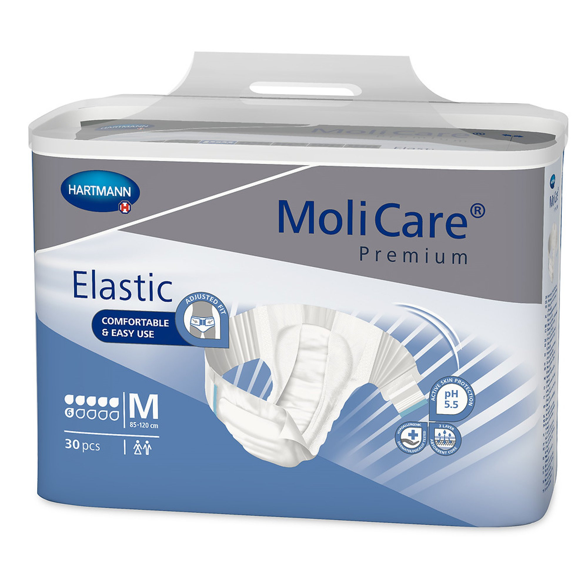 MoliCare Premium Elastic 6D Disposable Brief Adult Diapers with Tabs, Moderate Absorbency, 165272, Medium (33-47") - Bag of 30