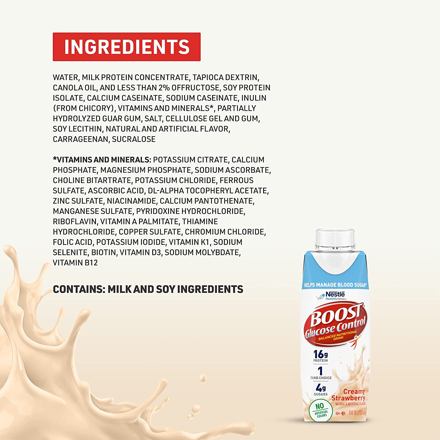 Boost Glucose Control Balanced Nutritional Drink, 8 oz., Carton, Creamy Strawberry