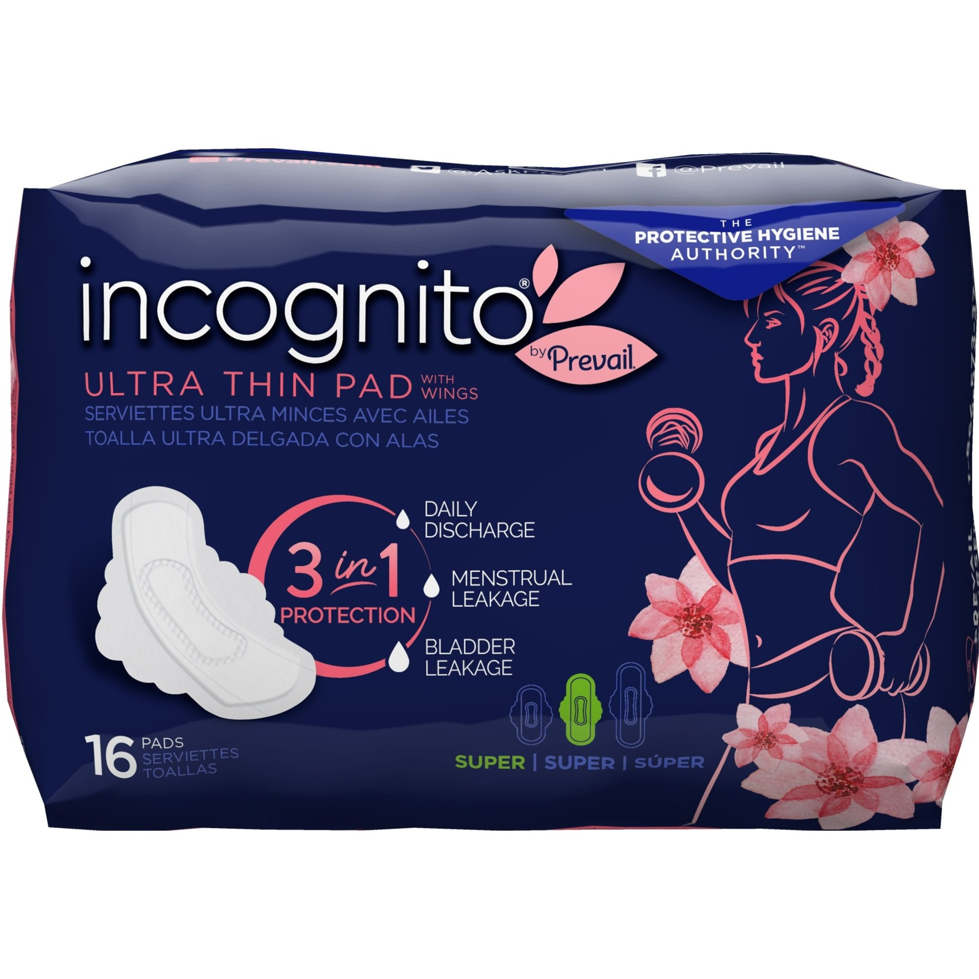 Prevail Women's Incognito 3 in 1 Ultra Thin Pad with Wings, Super Absorbency