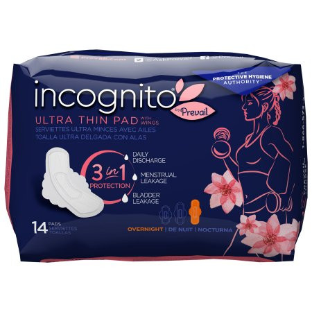 incognito by Prevail Overnight 3 in 1 Ultra Thin Pad with Wings, Heavy Absorbency, PVH-414, Case of 56 (4 Bags)