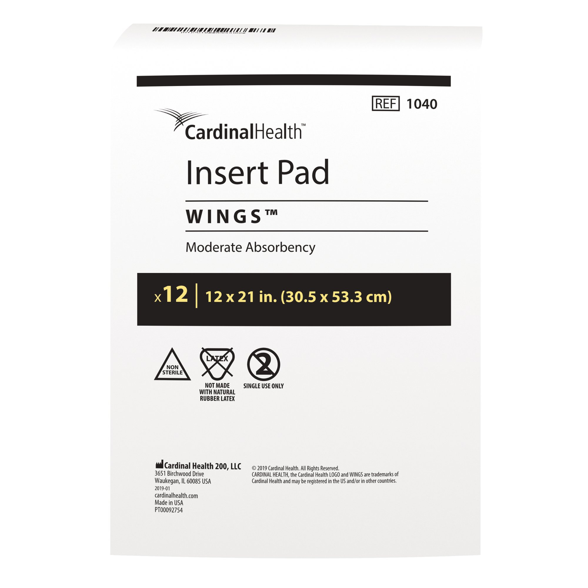 CardinalHealth Garment Liner Wings, Moderate Absorbency, 1040, 12 X 21" - Case of 144 (12 Bags)