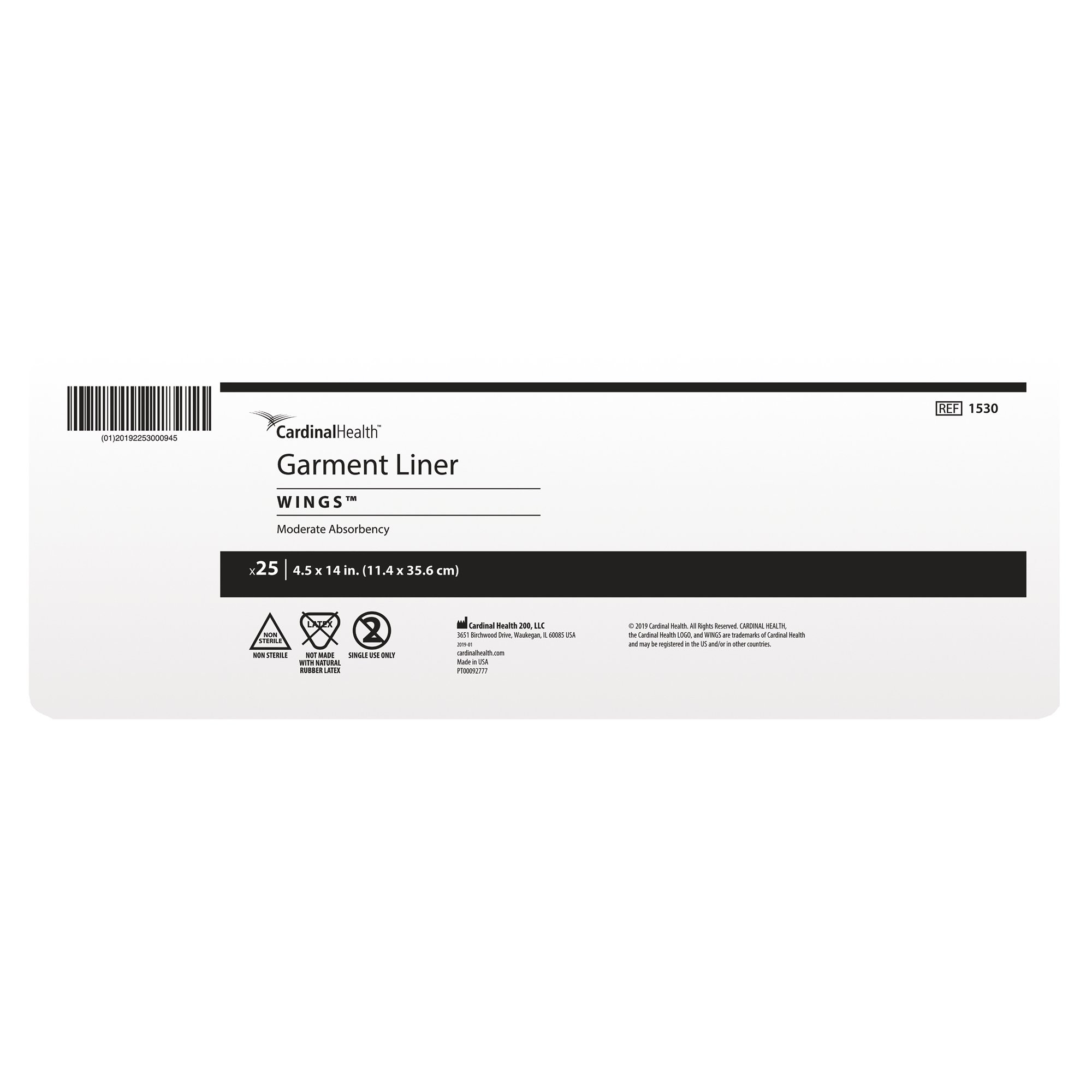 CardinalHealth Garment Liner Wings, Moderate Absorbency, 1530, 4.5 X 14" - Bag of 25