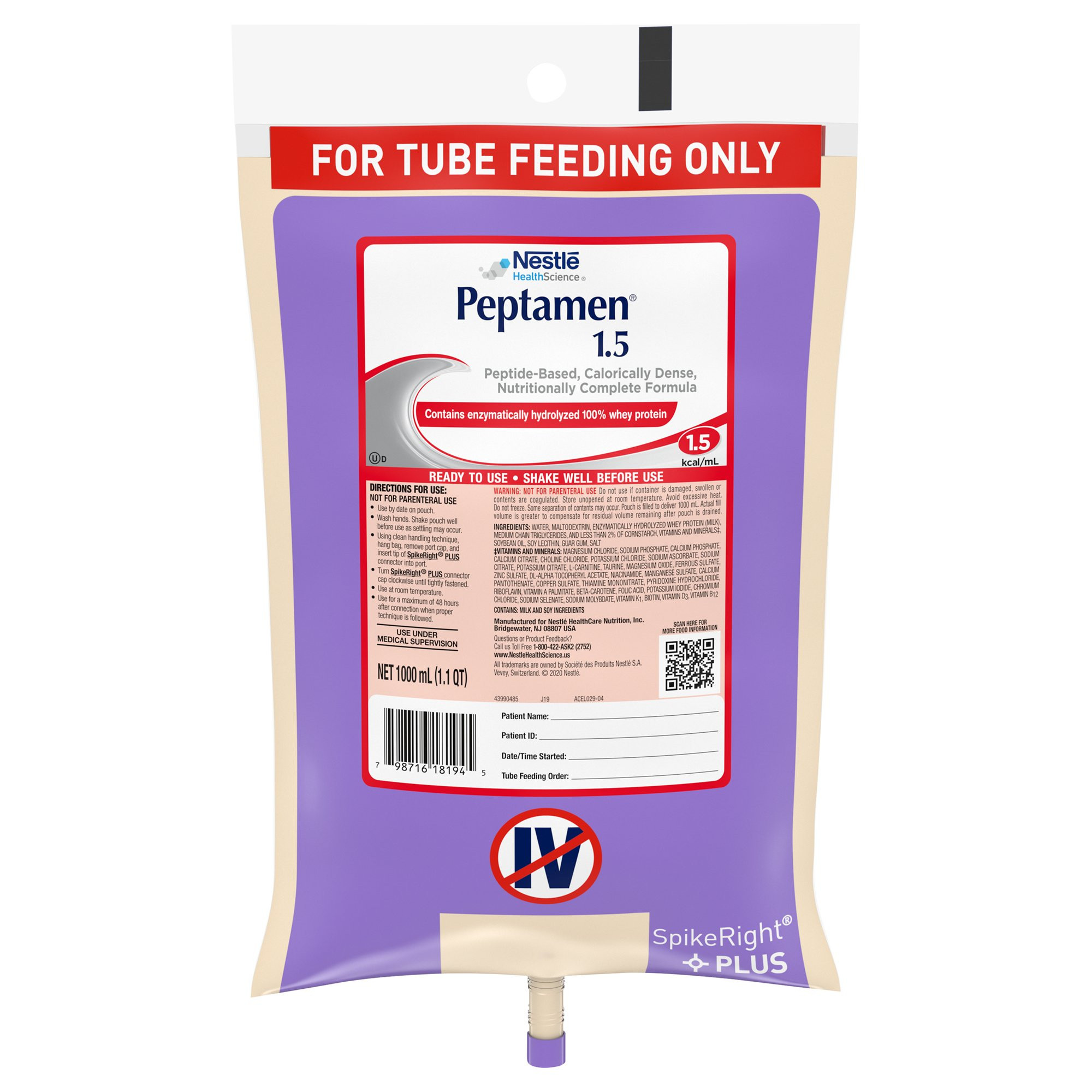 Nestle HealthScience Peptamen 1.5 Peptide-Based Calorically Dense Nutritionally Complete Tube Feeding Formula, 33.8 oz., 10798716281949, Case of 6