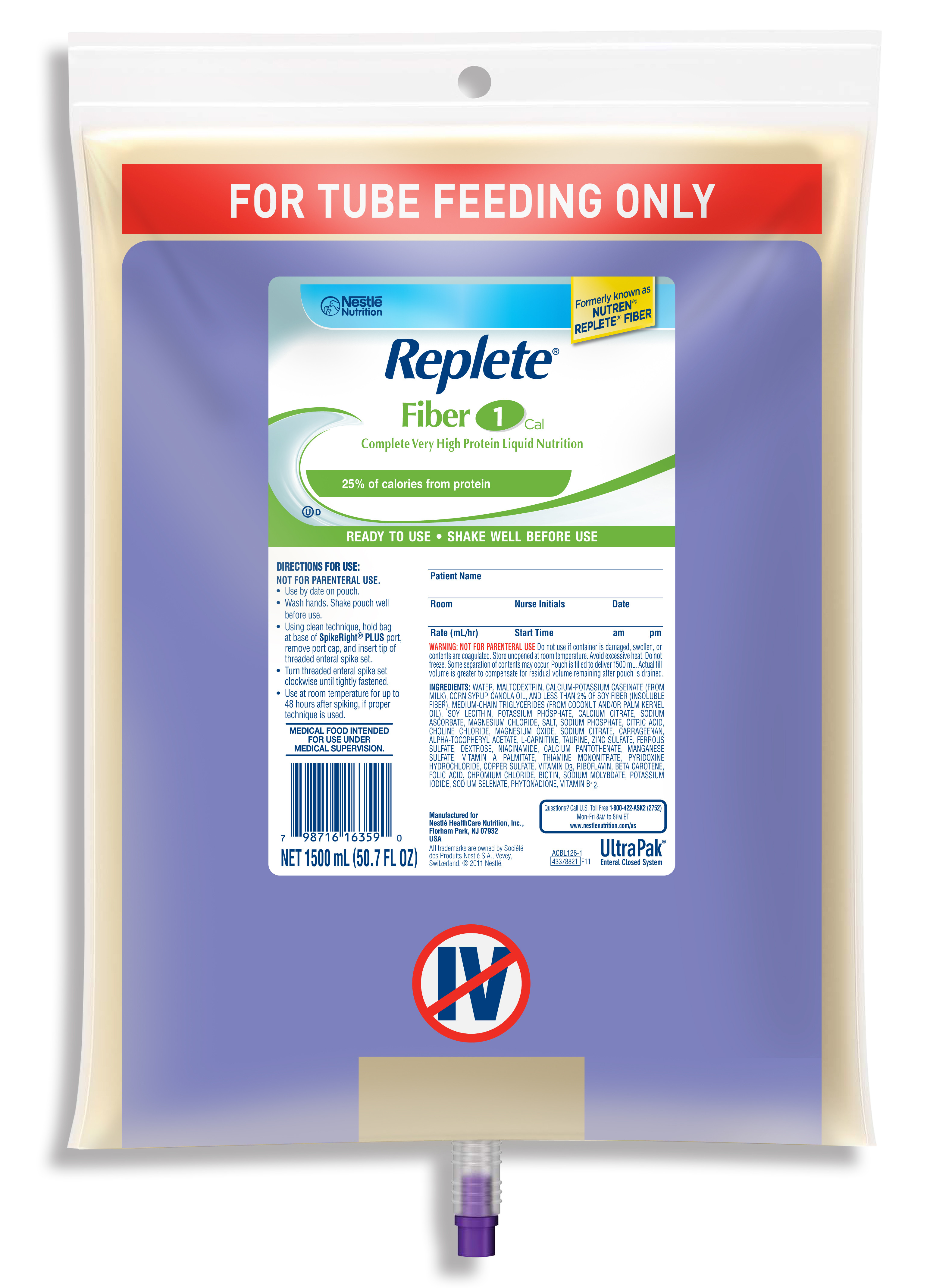 Nestle HealthScience Replete Fiber Very High Protein Complete Nutrition with Fiber Tube Feeding Formula, 10798716263594, 50.7 oz. - Case of 4