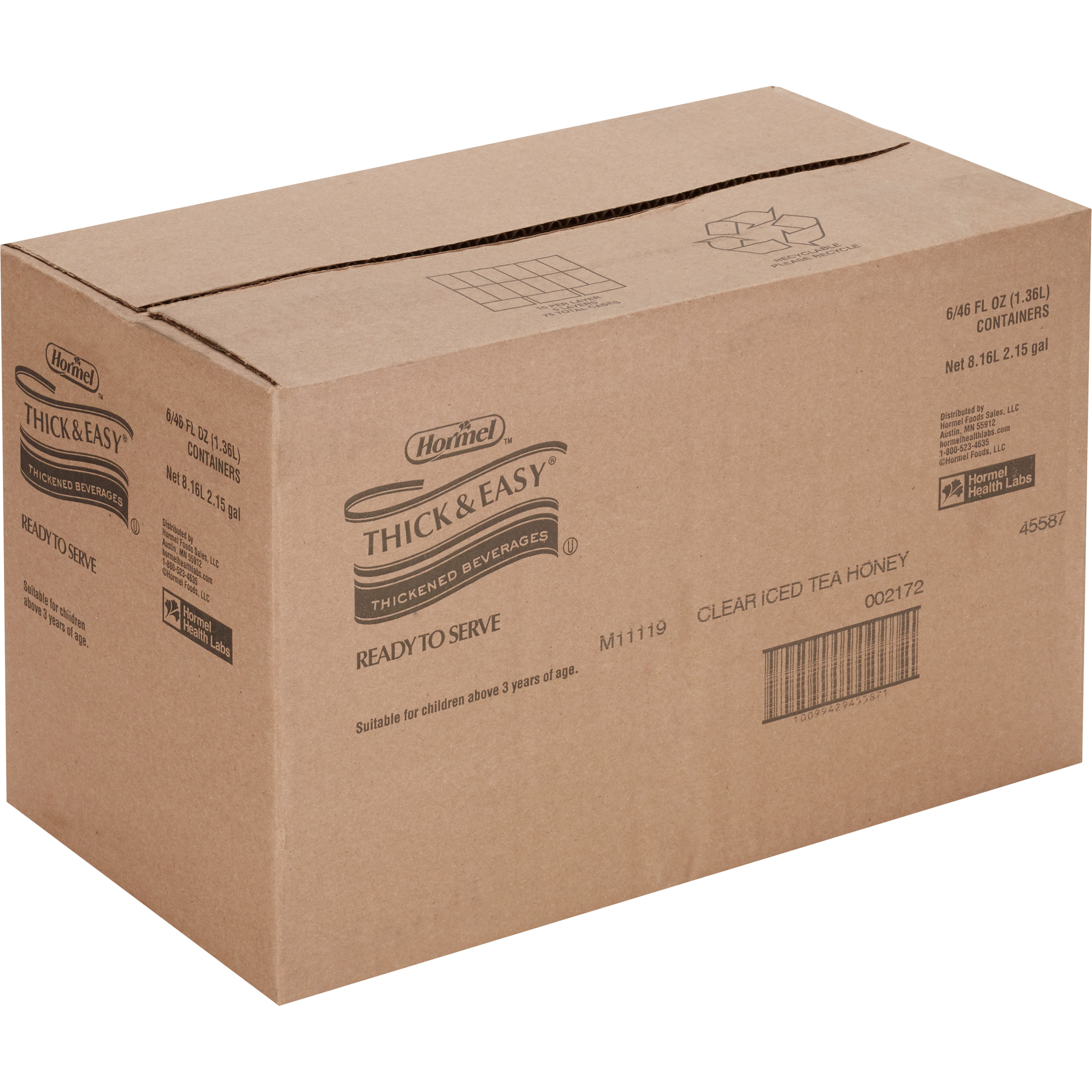 Hormel Thick & Easy Clear Thickened Beverage, Honey Consistency, Moderately Thick, Iced Tea, 46 oz.