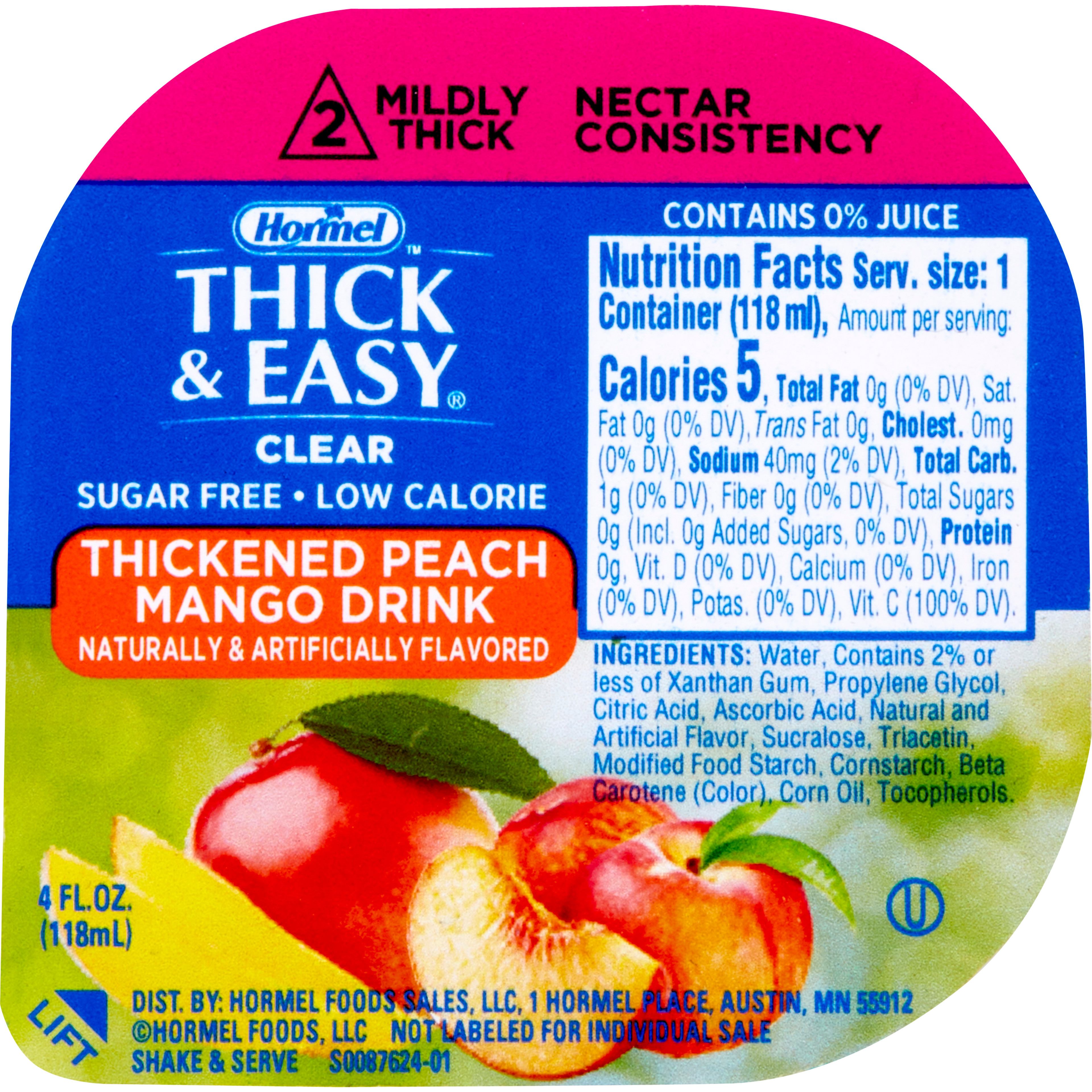 Hormel Thick & Easy Clear Sugar Free Low Calorie Thickened Beverage, Nectar Consistency, Mildly Thick, Peach Mango