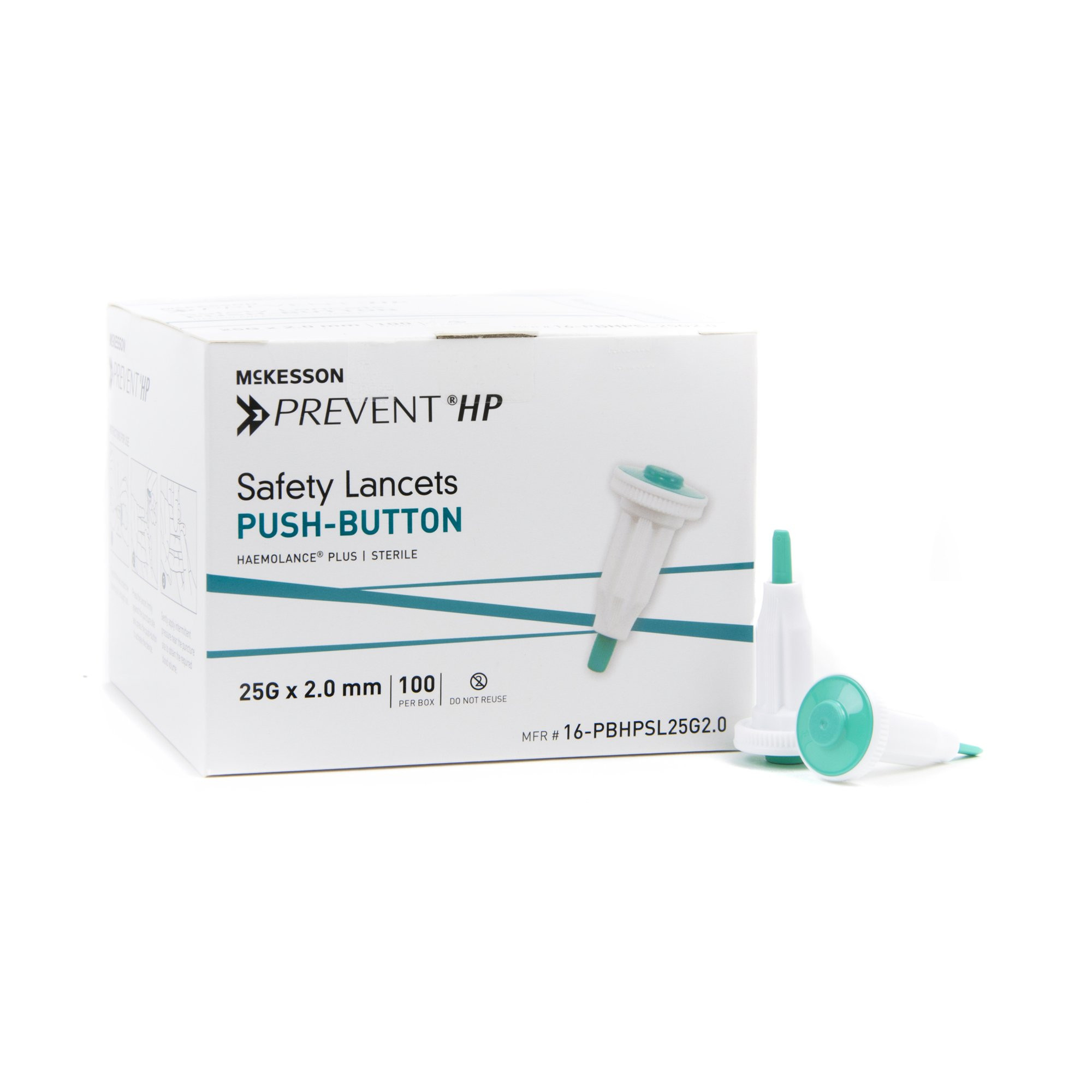 McKesson Prevent HP Safety Lancets, Push Button 25G Needle, 2.0 mm, 16-PBHPSL25G2.0, Box of 100