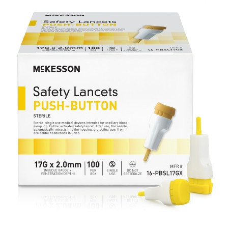 McKesson Push Button Safety Lancets, 17G Needle, 2.0 mm, 16-PBSL17G, Box of 100