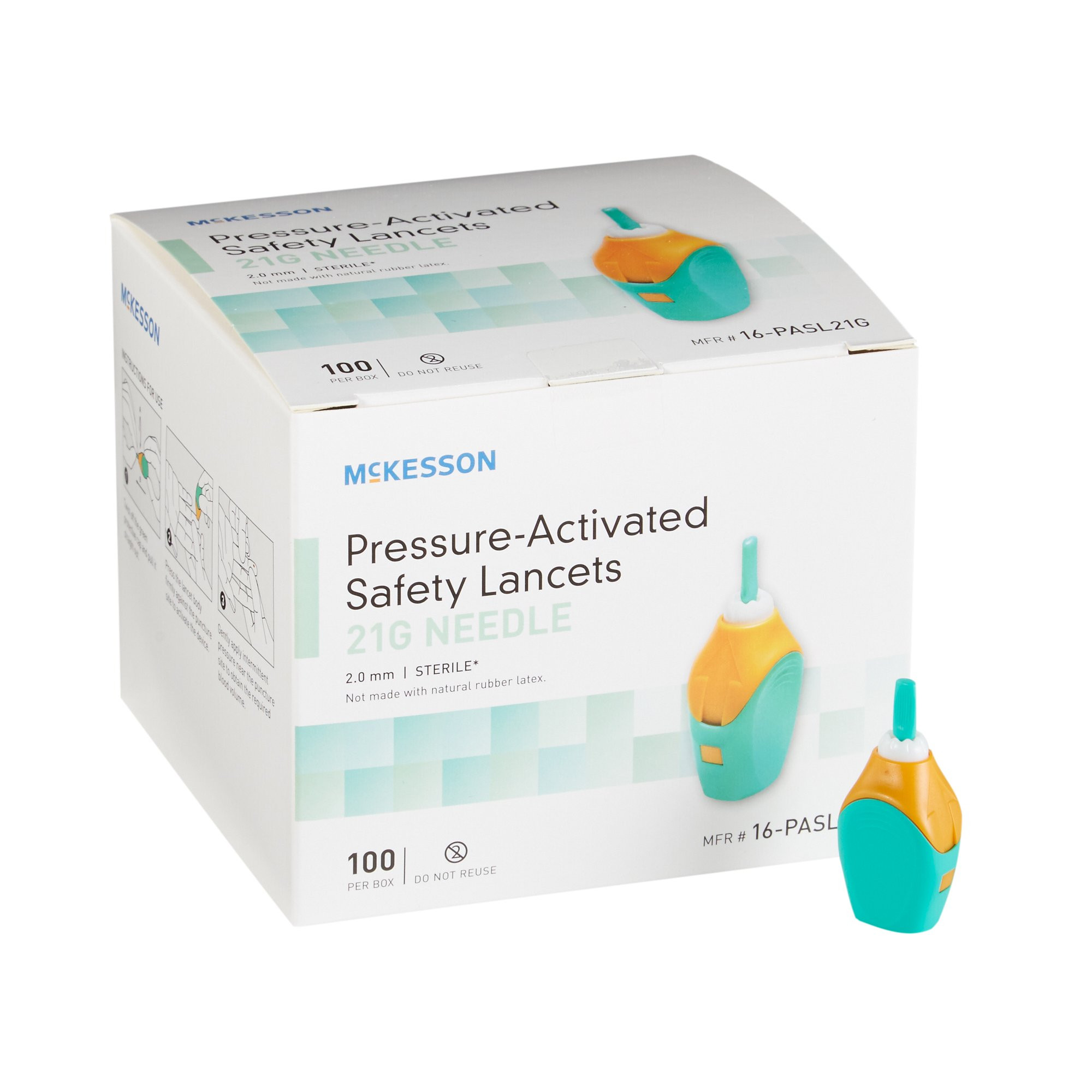 McKesson Pressure Activated Safety Lancets, 21G Needle, 2.0 mm, 16-PASL21G, Box of 100