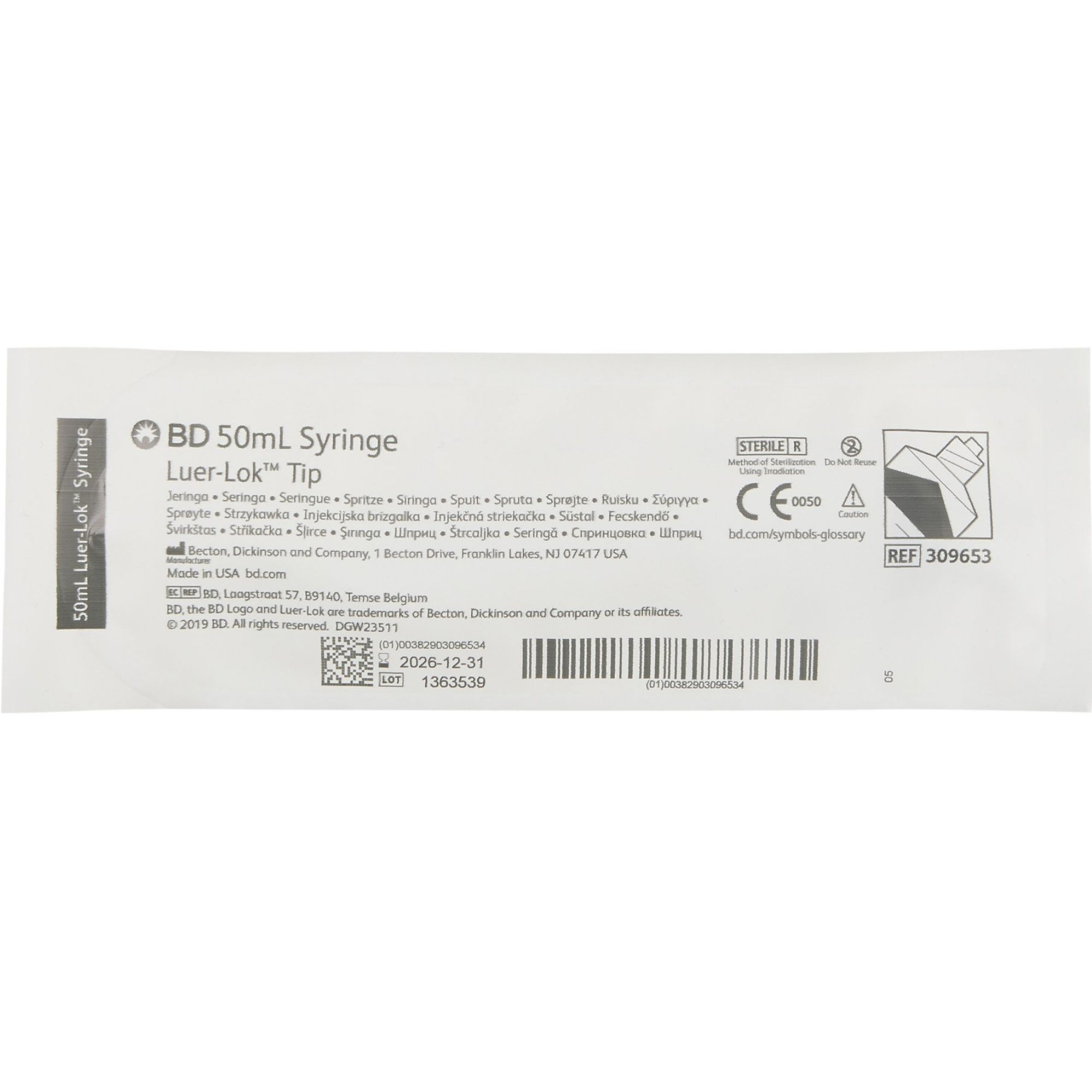 BD Luer-Lok General Purpose Syringe, 50 mL, 309653, Carton of 40