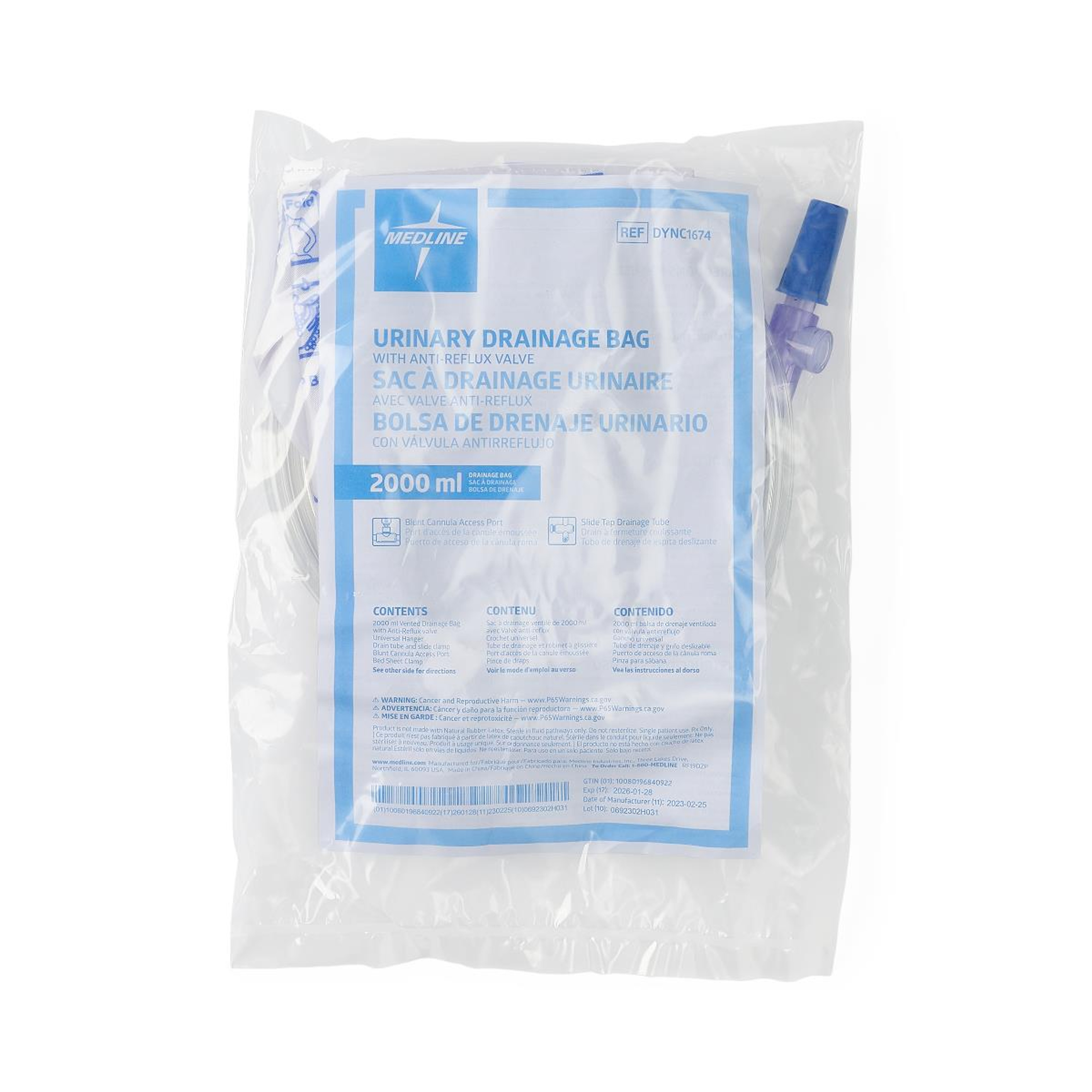Medline Anti-Reflux Urinary Drain Bag, 2000 mL