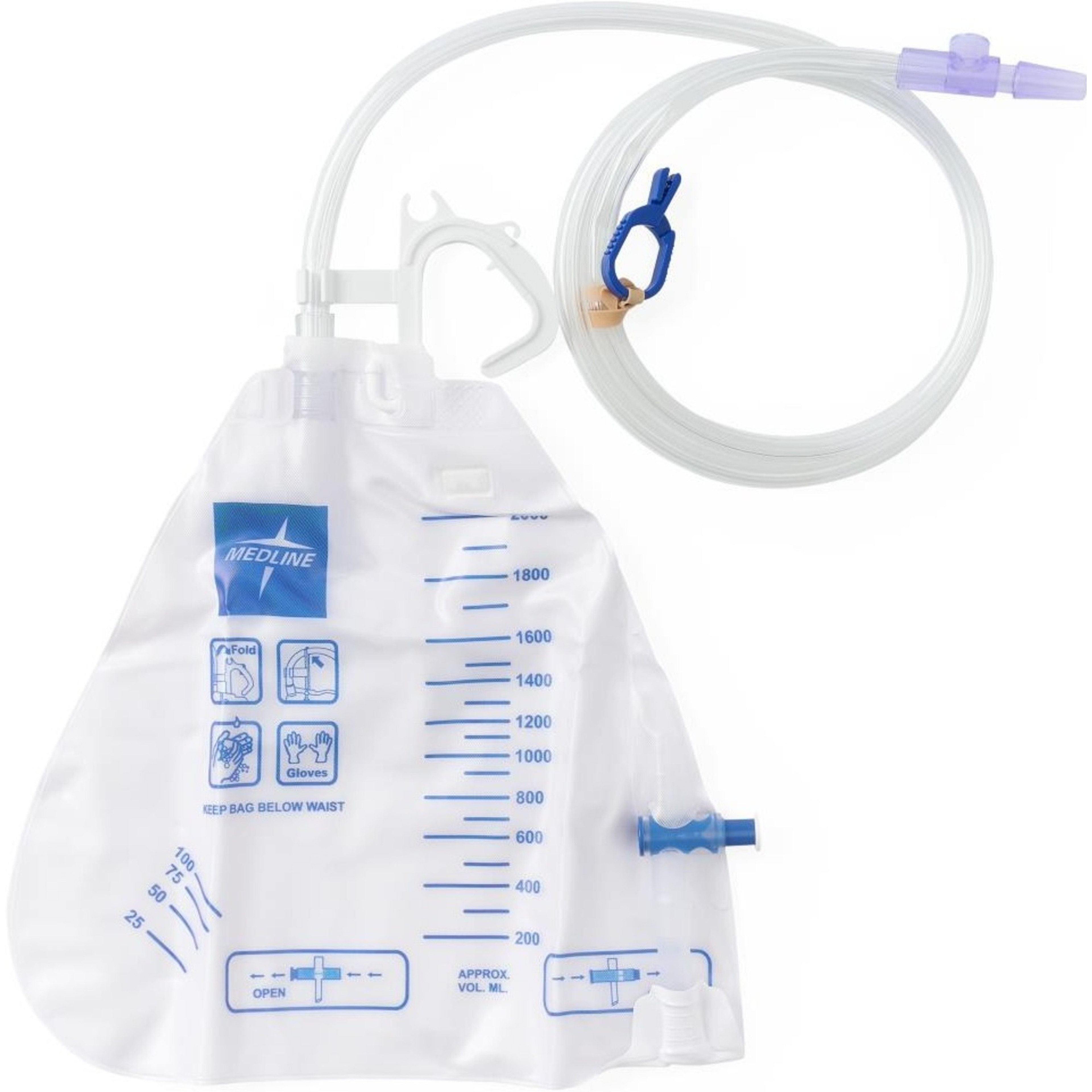 Medline Anti-Reflux Urinary Drain Bag, 2000 mL