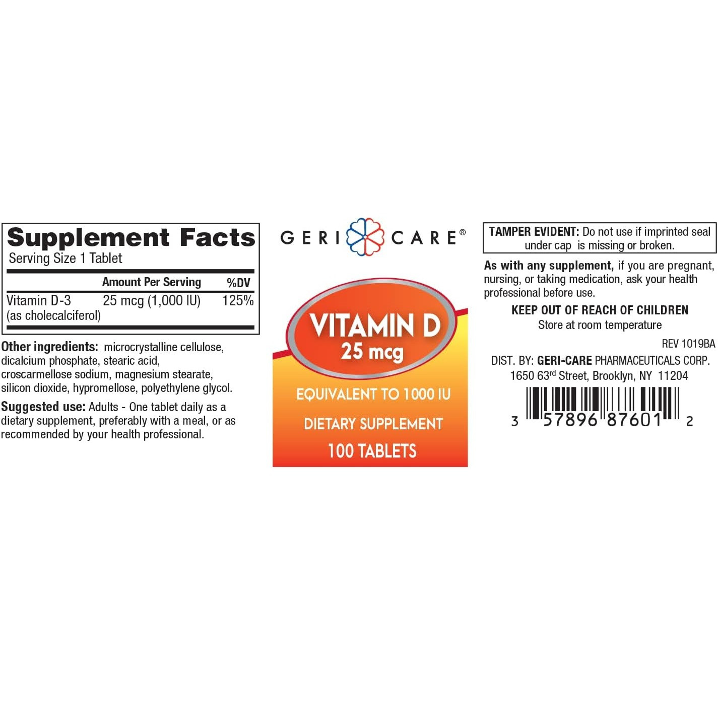 Geri-Care Vitamin D3 Tablets, 1000 IU Strength, 100 Per Bottle