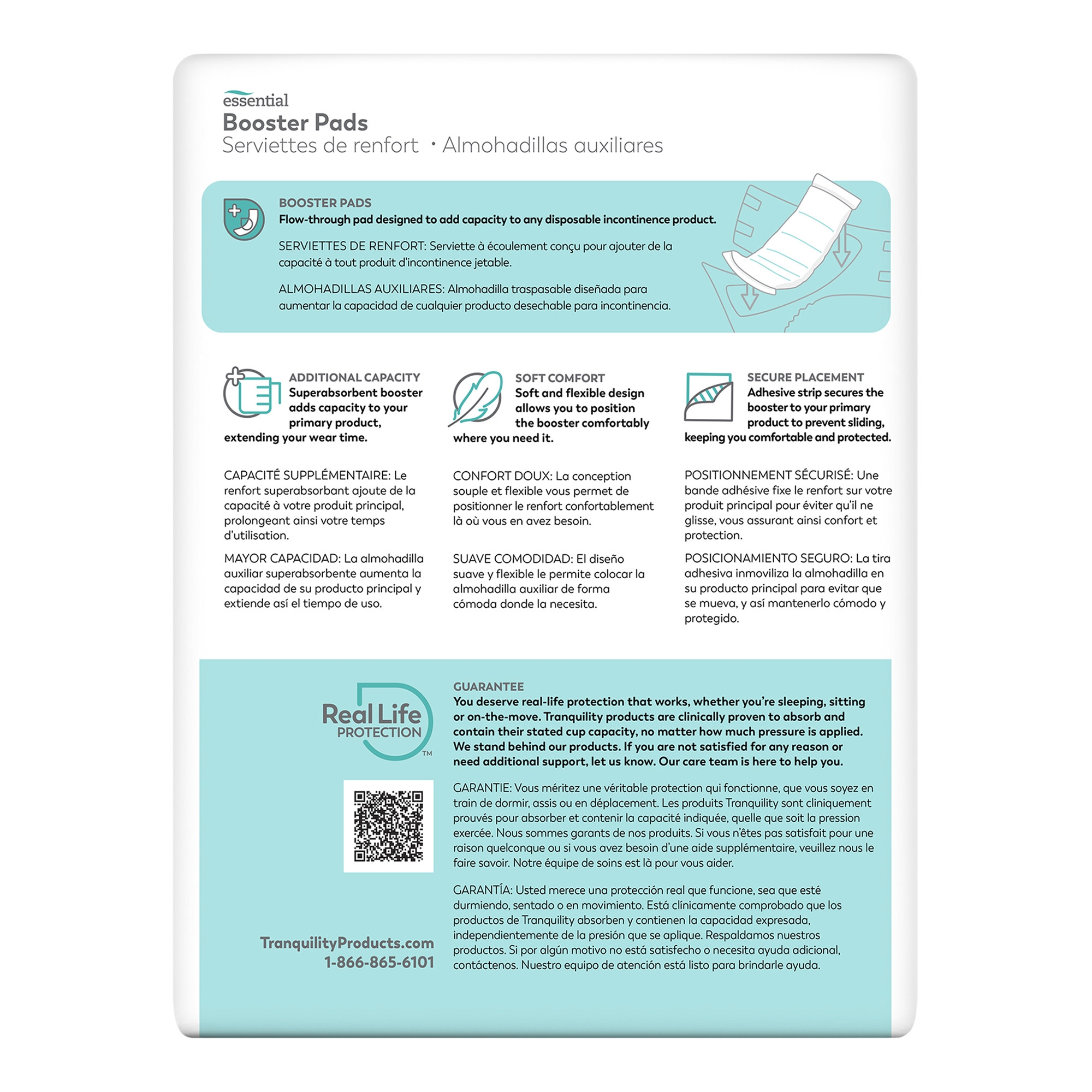 Tranquility Essential Disposable Booster Pads with Adhesive Strip, Moderate Absorbency