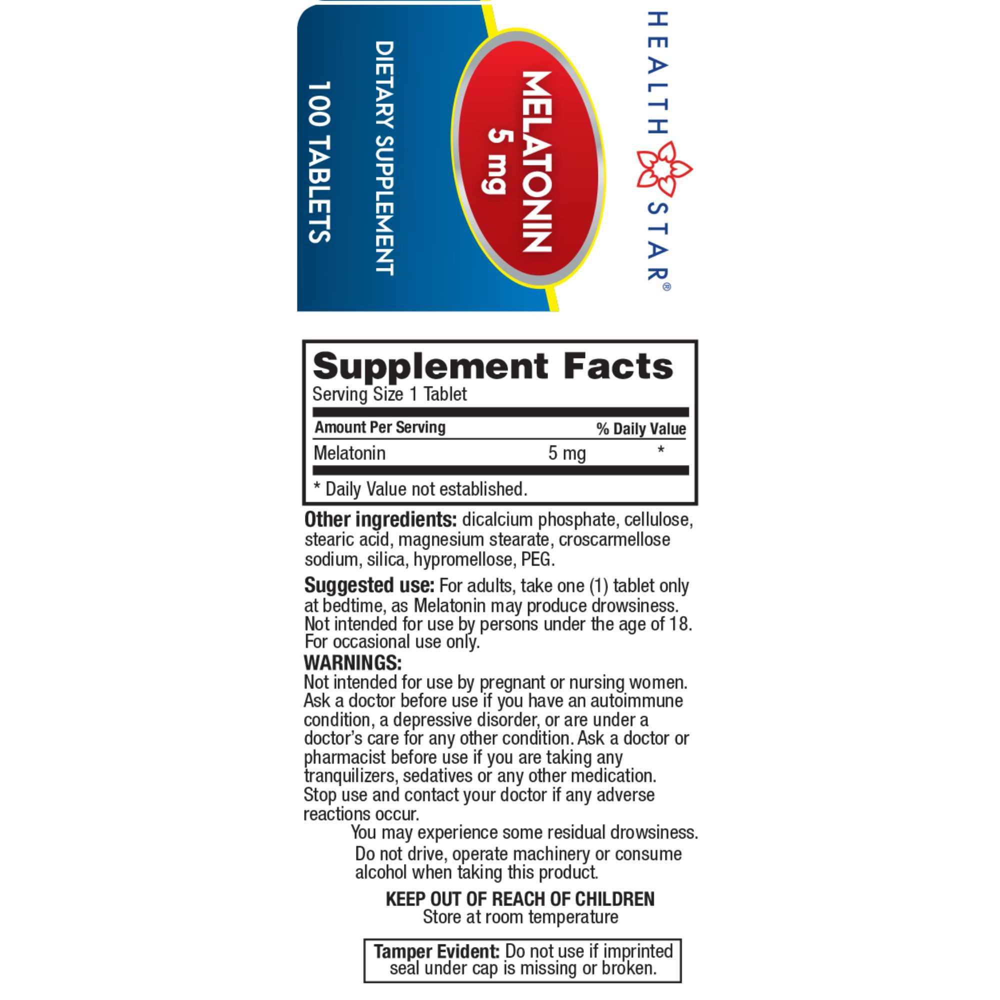 HealthStar Melatonin Dietary Supplement, 5 mg, 90 Tablets, 834-09-HST, 1 Bottle