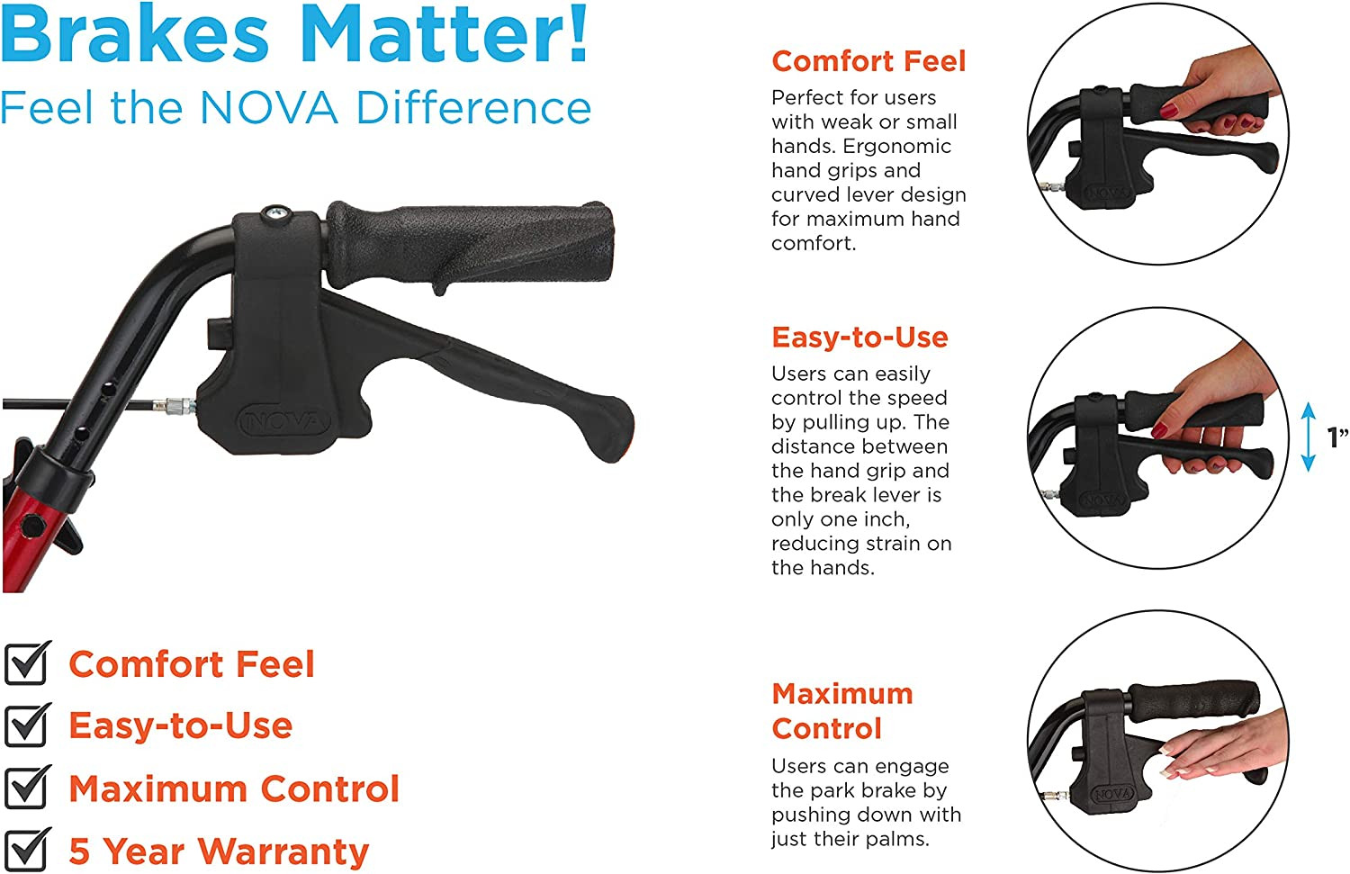 Traveler Adjustable Height 7 Wheel Rollator, 8" Casters, 4900RD, Red - 1 Each