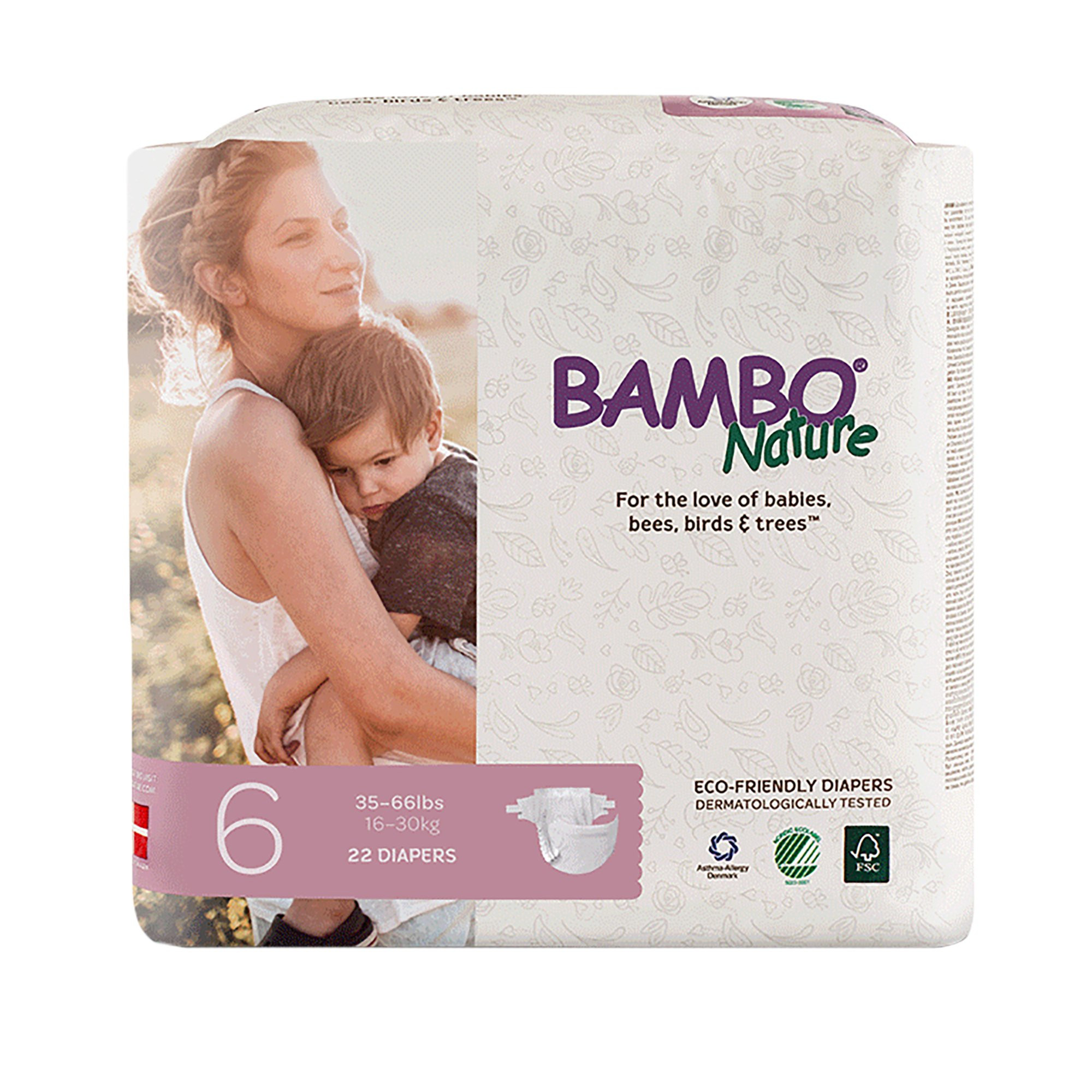 Bambo Nature Diaper, Heavy Absorbency, 16073, Size 6 (33-66 lbs) - Case of 132 (6 Packs)