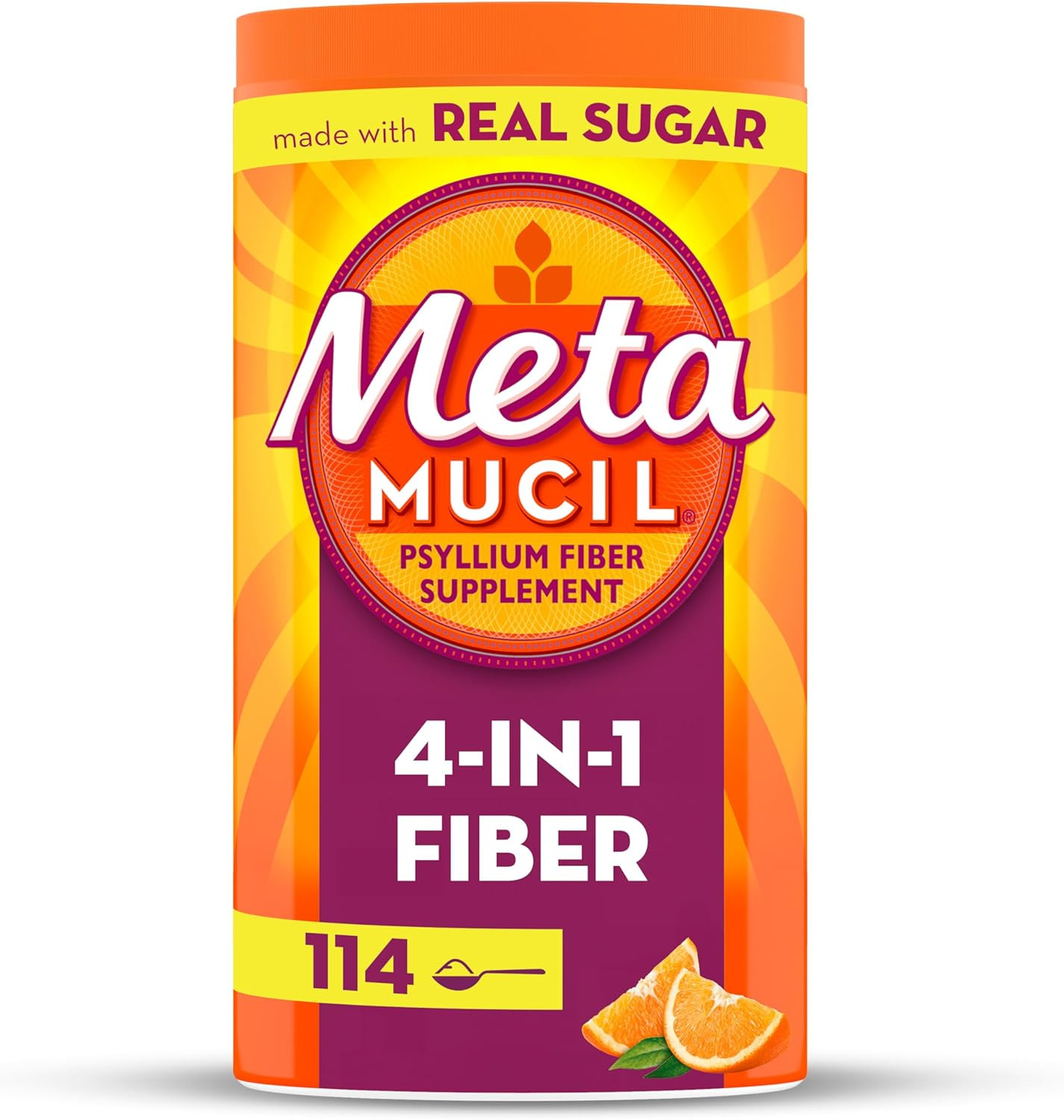 Metamucil Psyllium Fiber Supplement Powder with Real Sugar, Orange Smooth