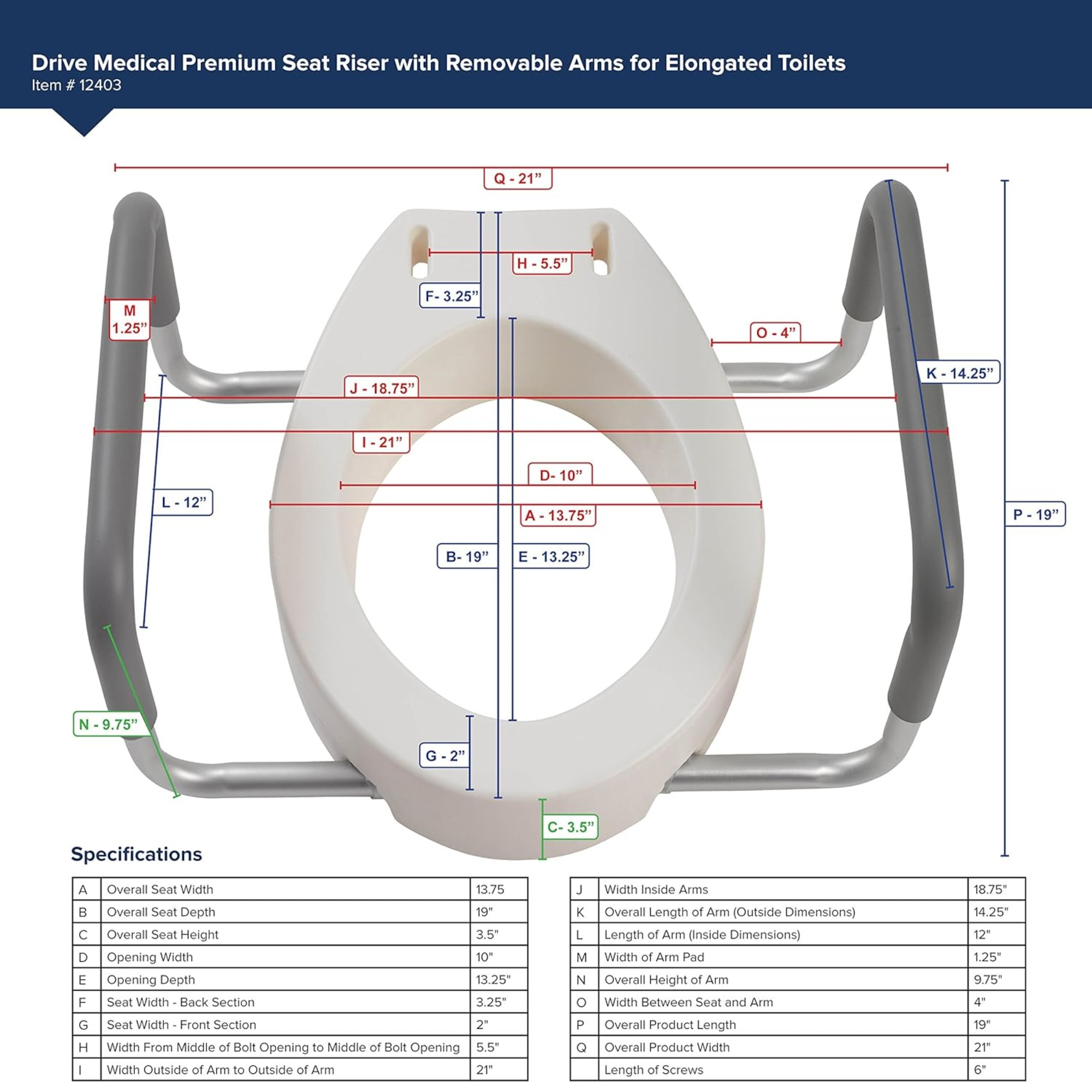 Drive Premium Elongated Raised Toilet Seat with Arms
