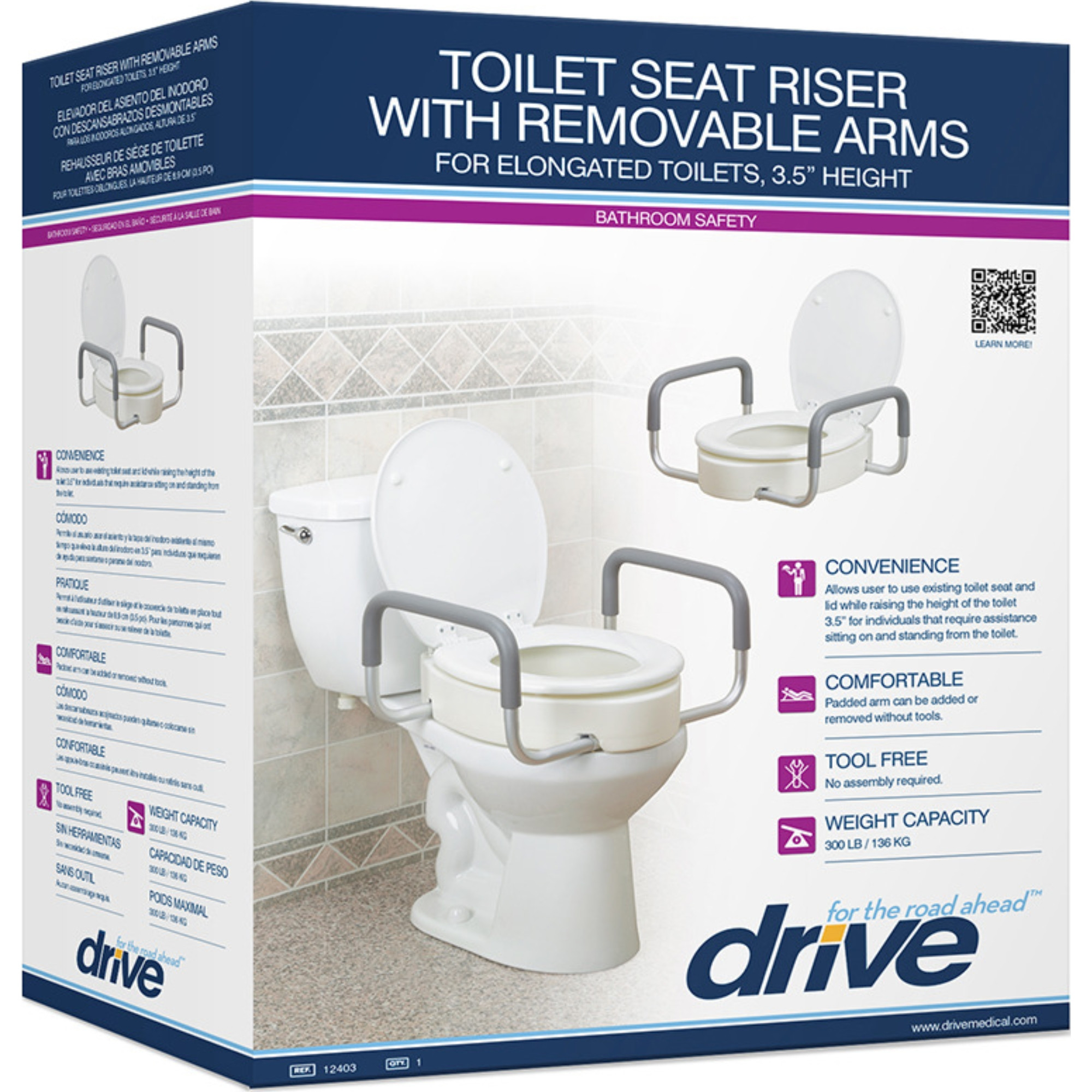 Drive Premium Elongated Raised Toilet Seat with Arms