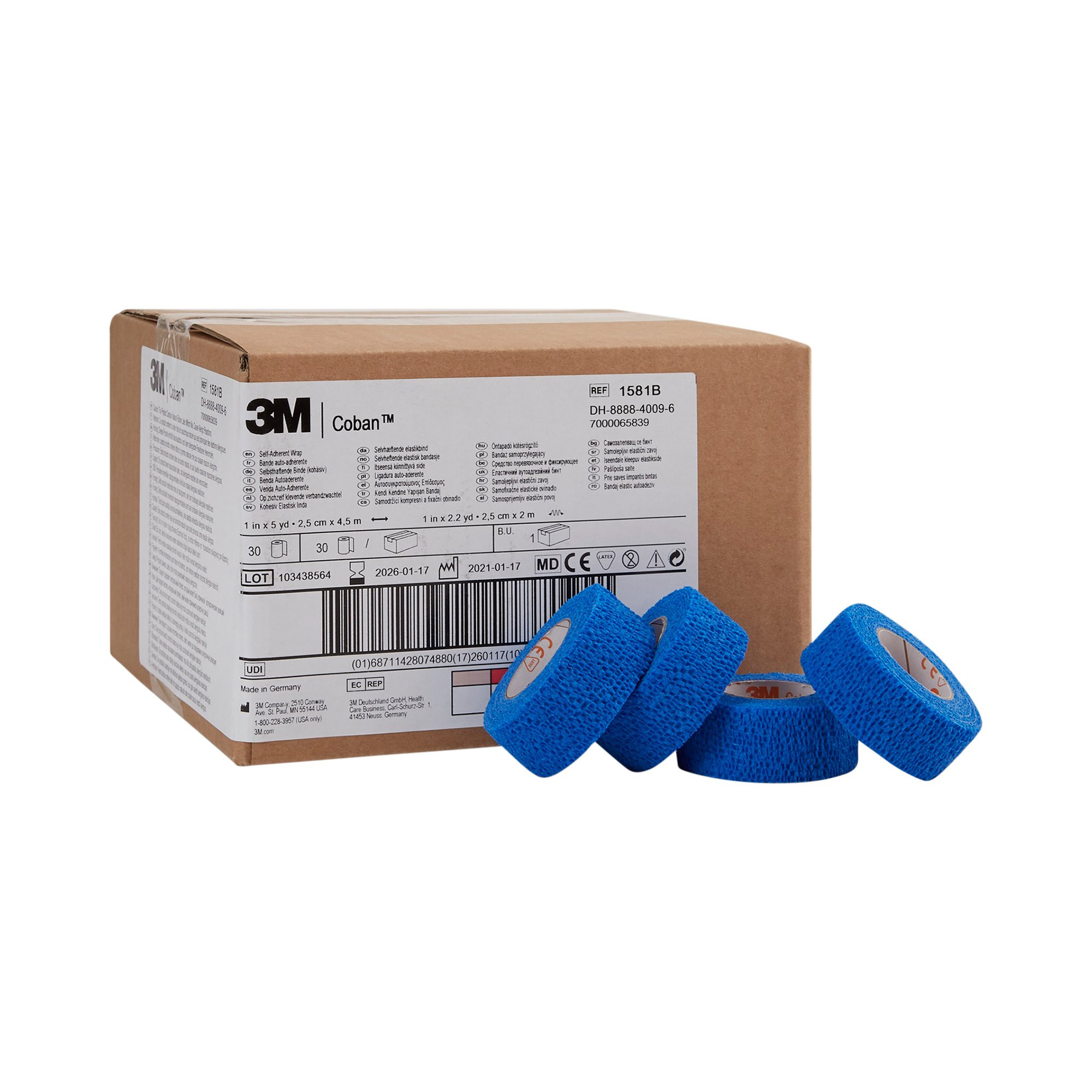 3M Coban Standard Compression Self-adherent Cohesive Bandage, 1" X 5 yd, 1581B, Blue - Case of 30