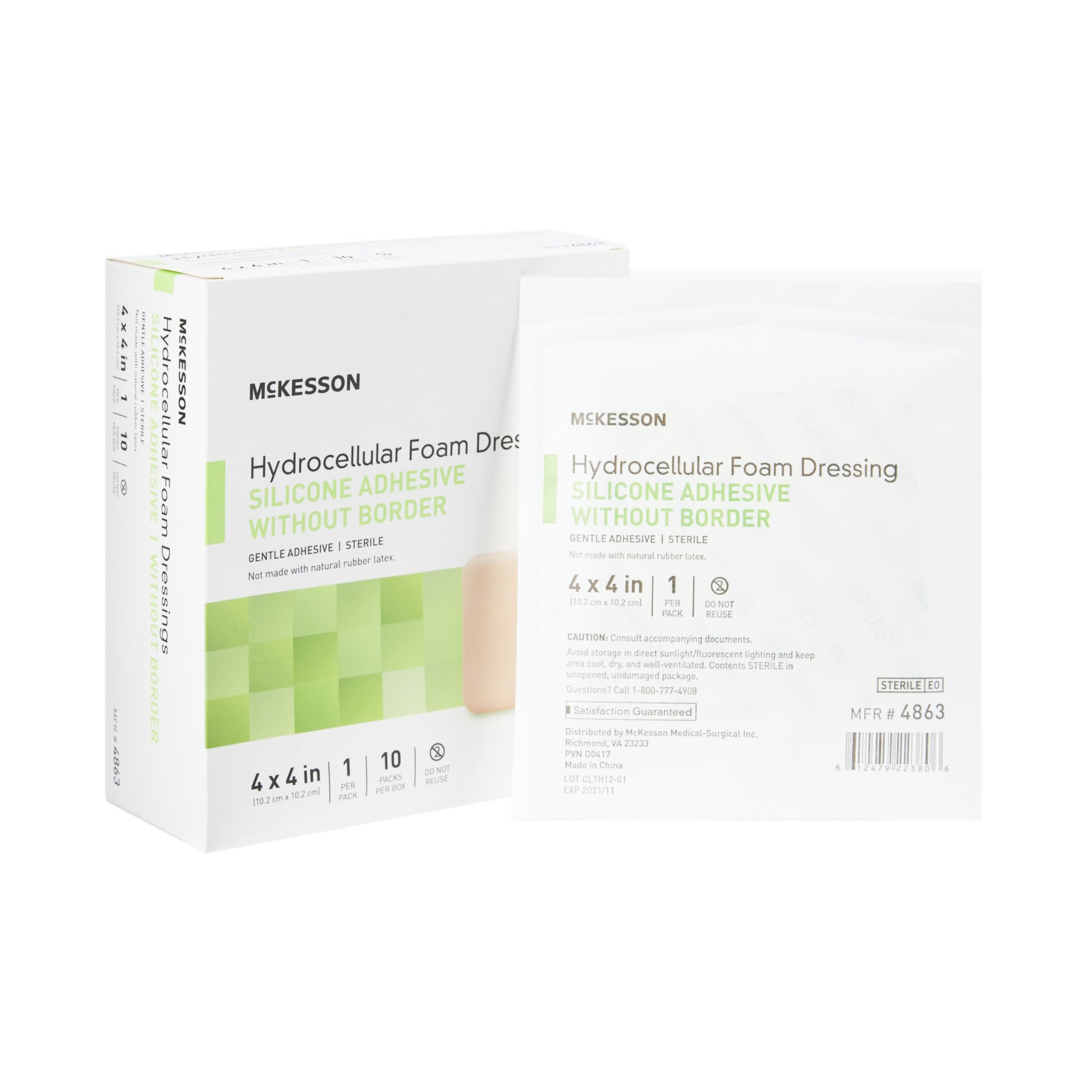 McKesson Hydrocellular Foam Dressings Silicone Adhesive without Border, 4 X 4", 4863, Box of 10