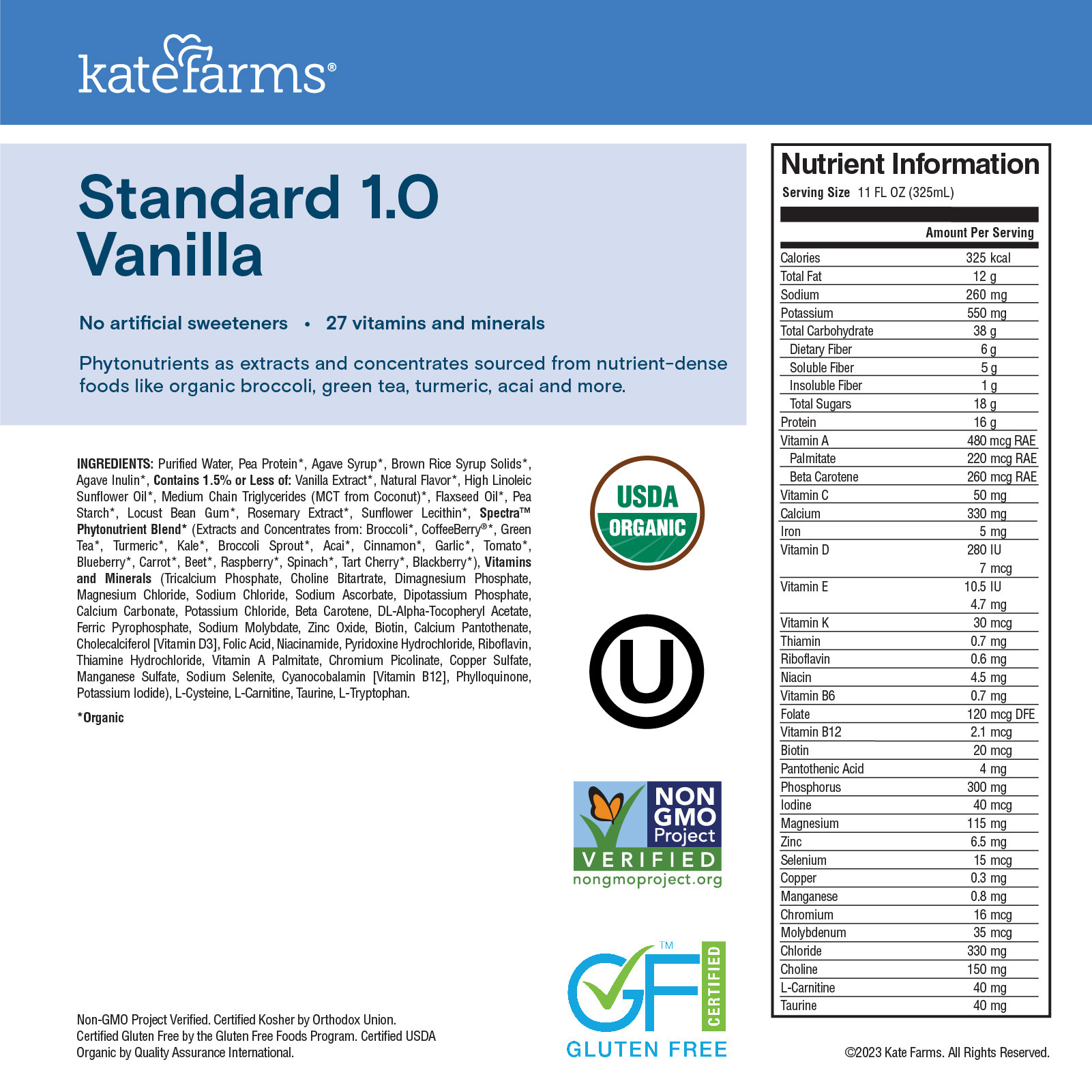 Kate Farms Standard 1.0 Sole-Source Nutrition Formula, Vanilla, 11 oz.