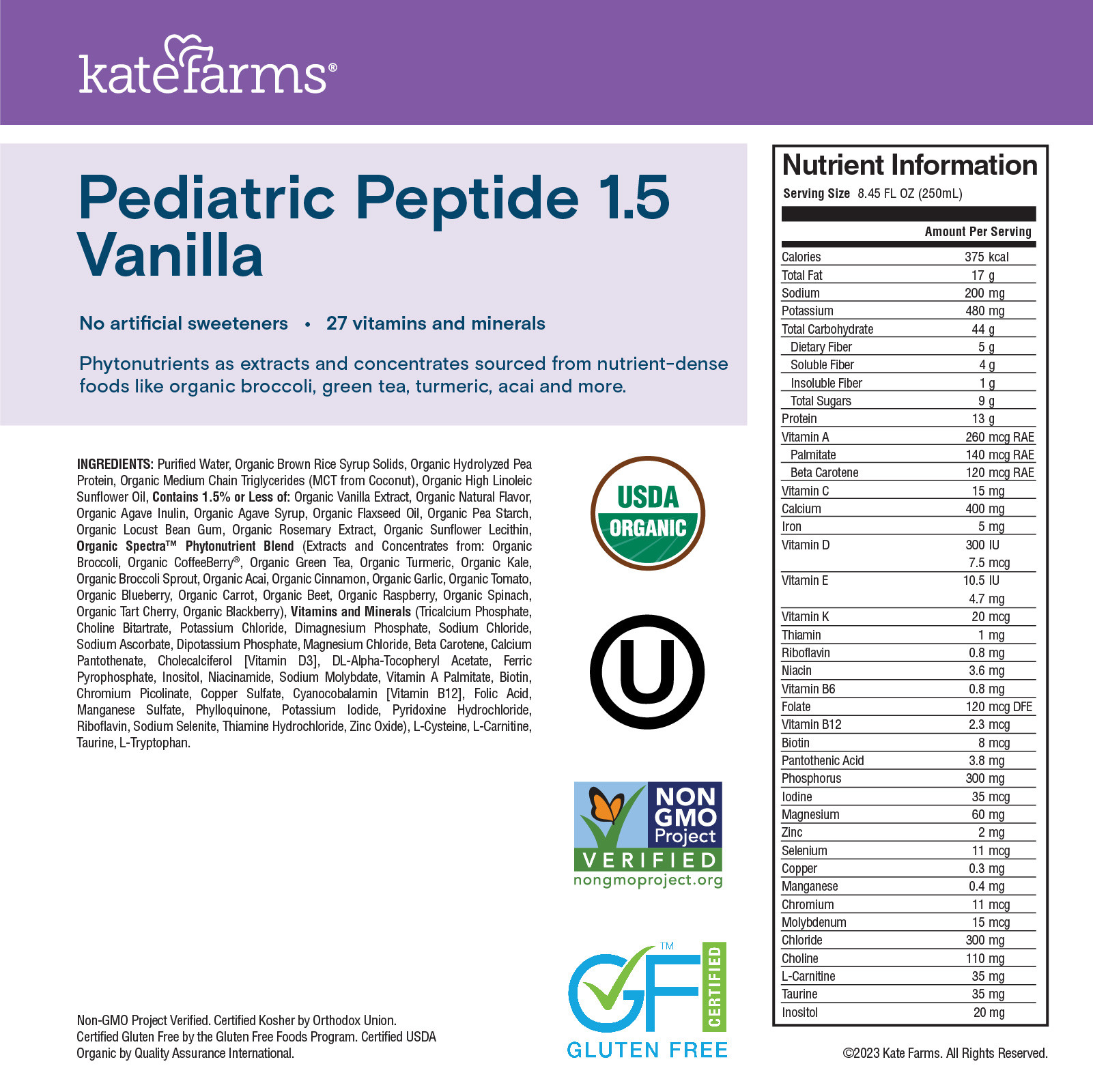 Kate Farms Pediatric Peptide 1.5 Sole-Source Nutrition Formula, Vanilla, 8.5 oz.
