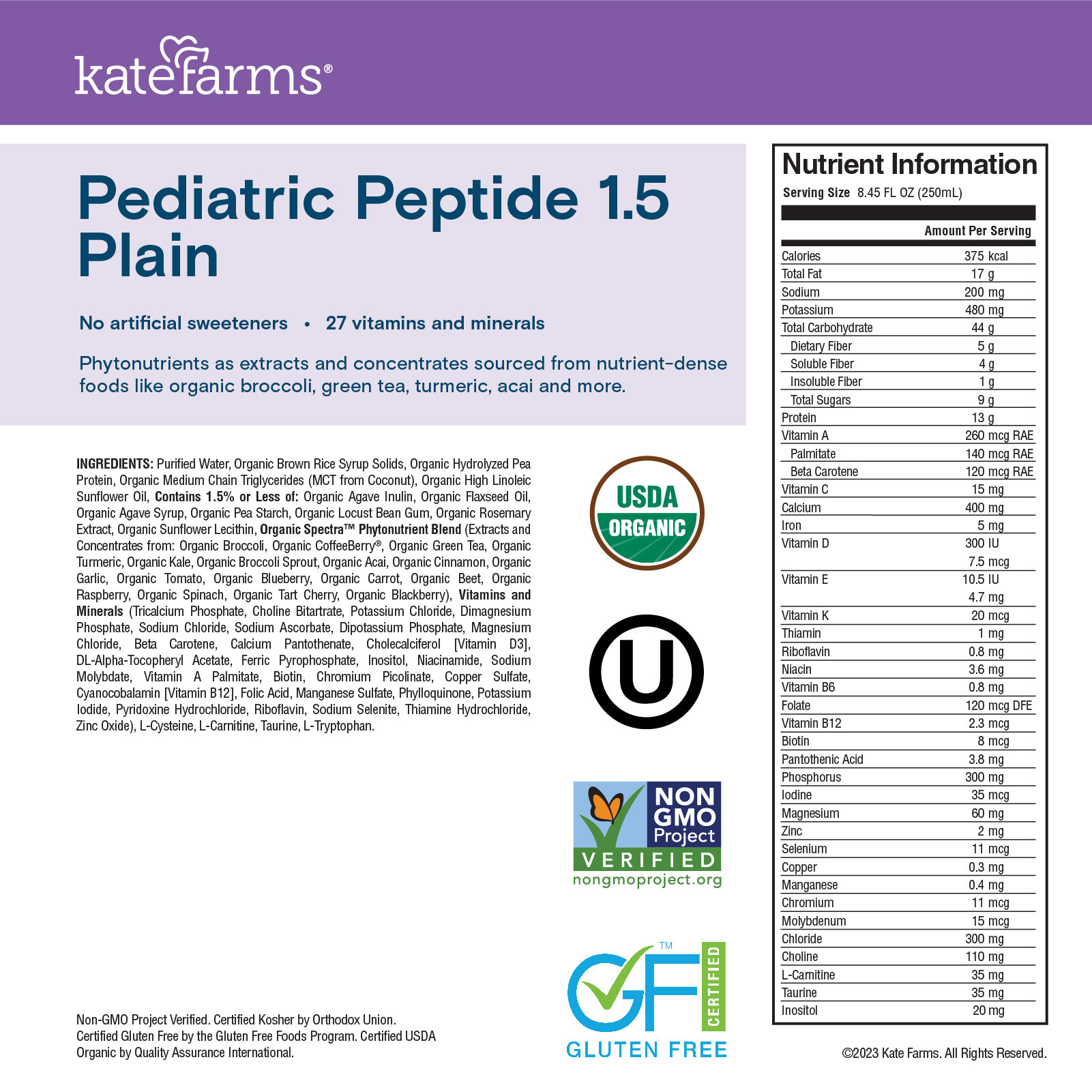 Kate Farms Pediatric Peptide 1.5 Sole-Source Nutrition Formula, Plain, 8.45 oz.