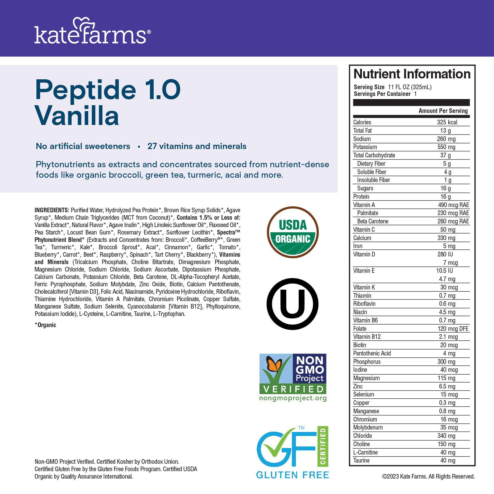 Kate Farms Peptide 1.0 Sole-Source Nutrition Formula, Vanilla, 11 oz.