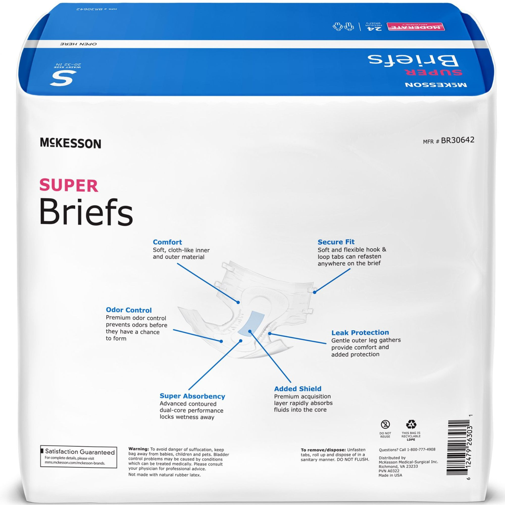 McKesson Super Brief Adult Diapers with Tabs, Moderate Absorbency, BR30643, White - Medium (32-44") - Case of 96