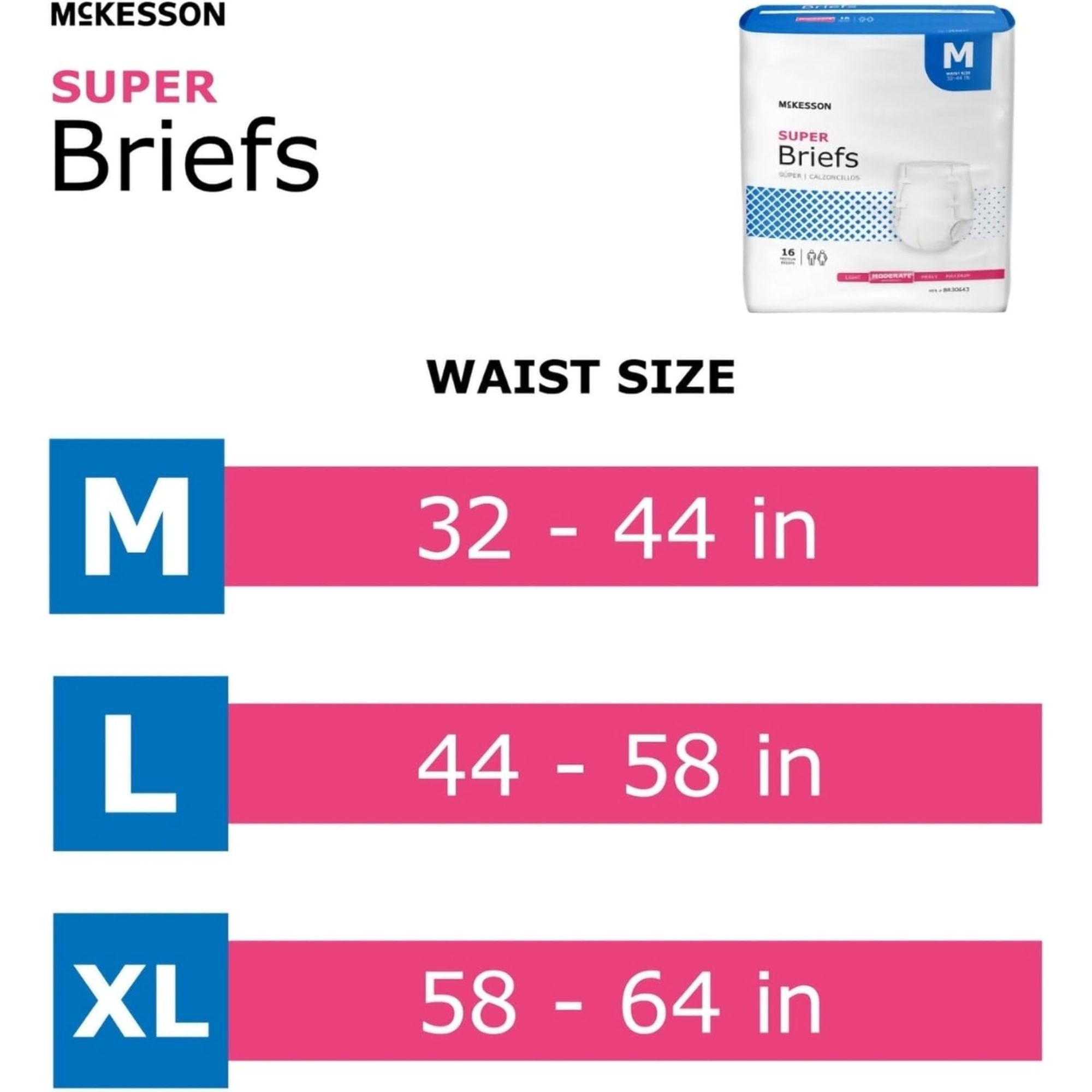 McKesson Super Brief Adult Diapers with Tabs, Moderate Absorbency, BR30643, White - Medium (32-44") - Case of 96