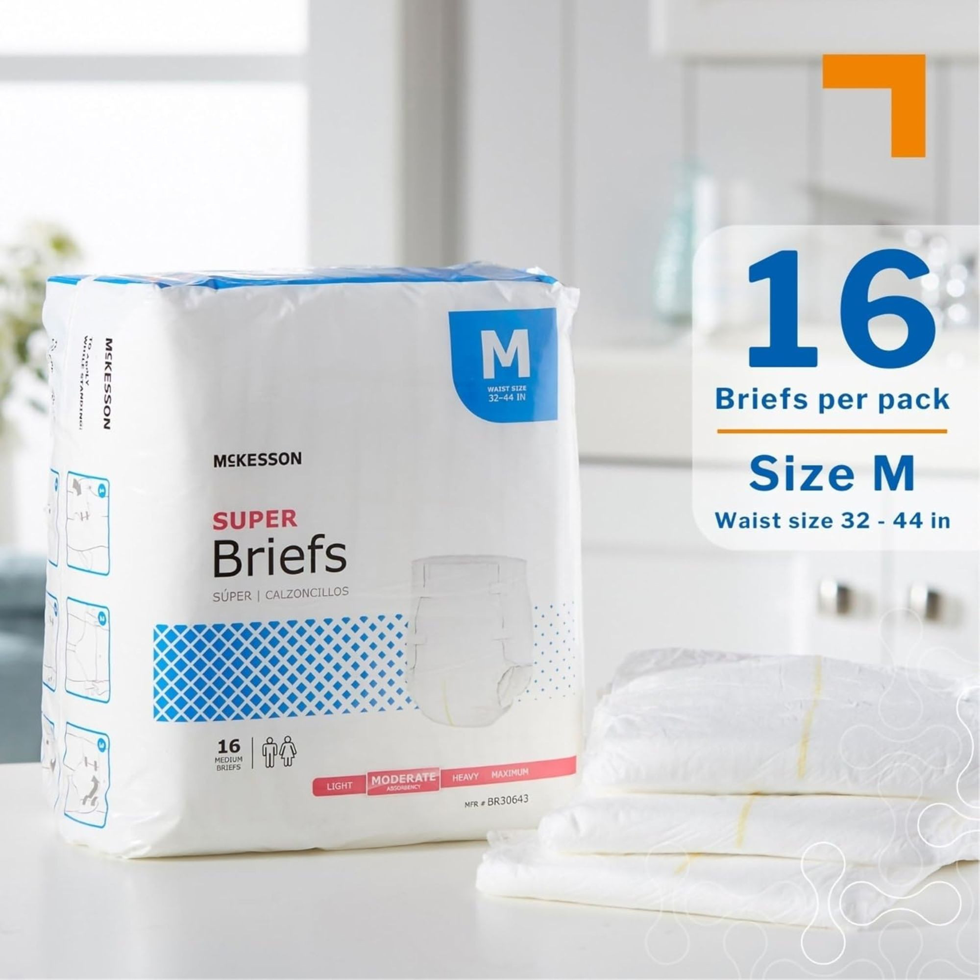 McKesson Super Brief Adult Diapers with Tabs, Moderate Absorbency, BR30643, White - Medium (32-44") - Case of 96