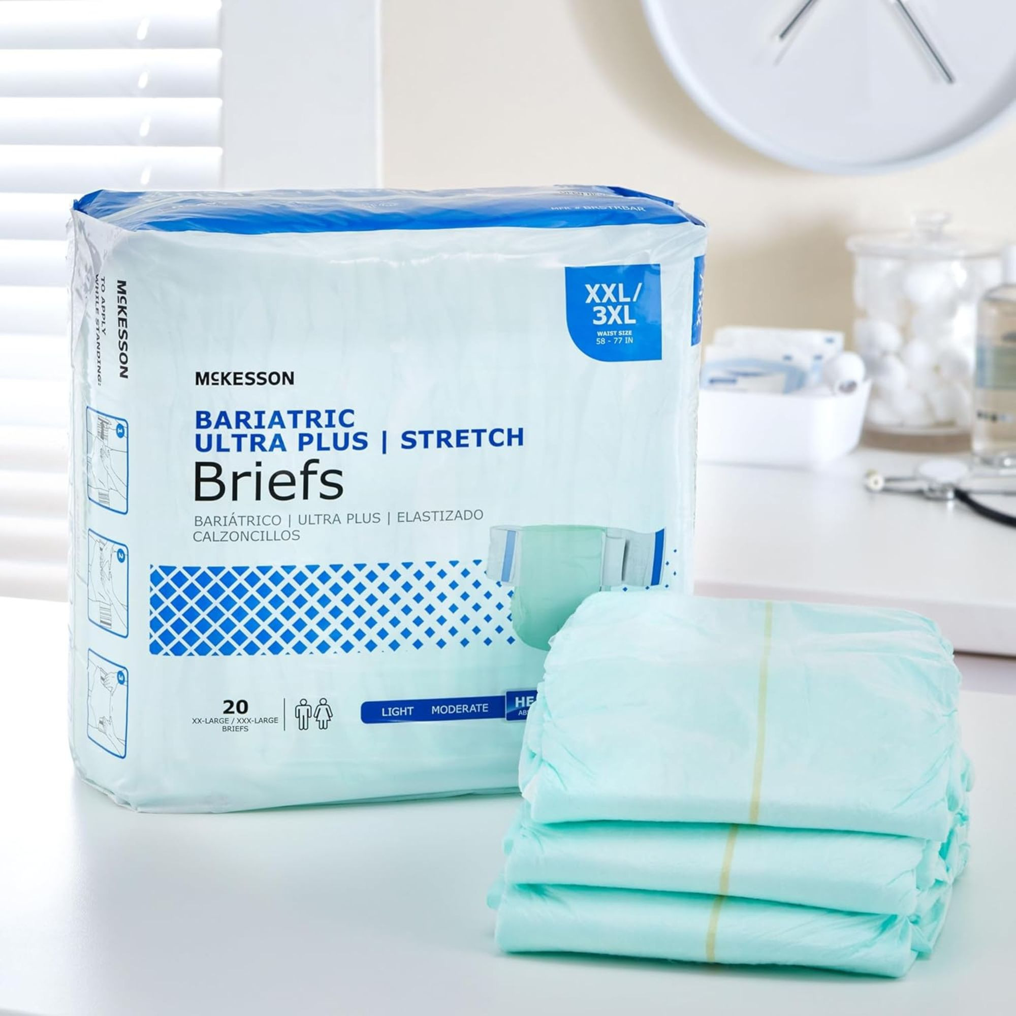 McKesson Bariatric Ultra Plus Stretch Brief Adult Diapers with Tabs, Heavy Absorbency, BRSTRBAR, Light Green - 2XL/3XL (58-77") - Bag of 20