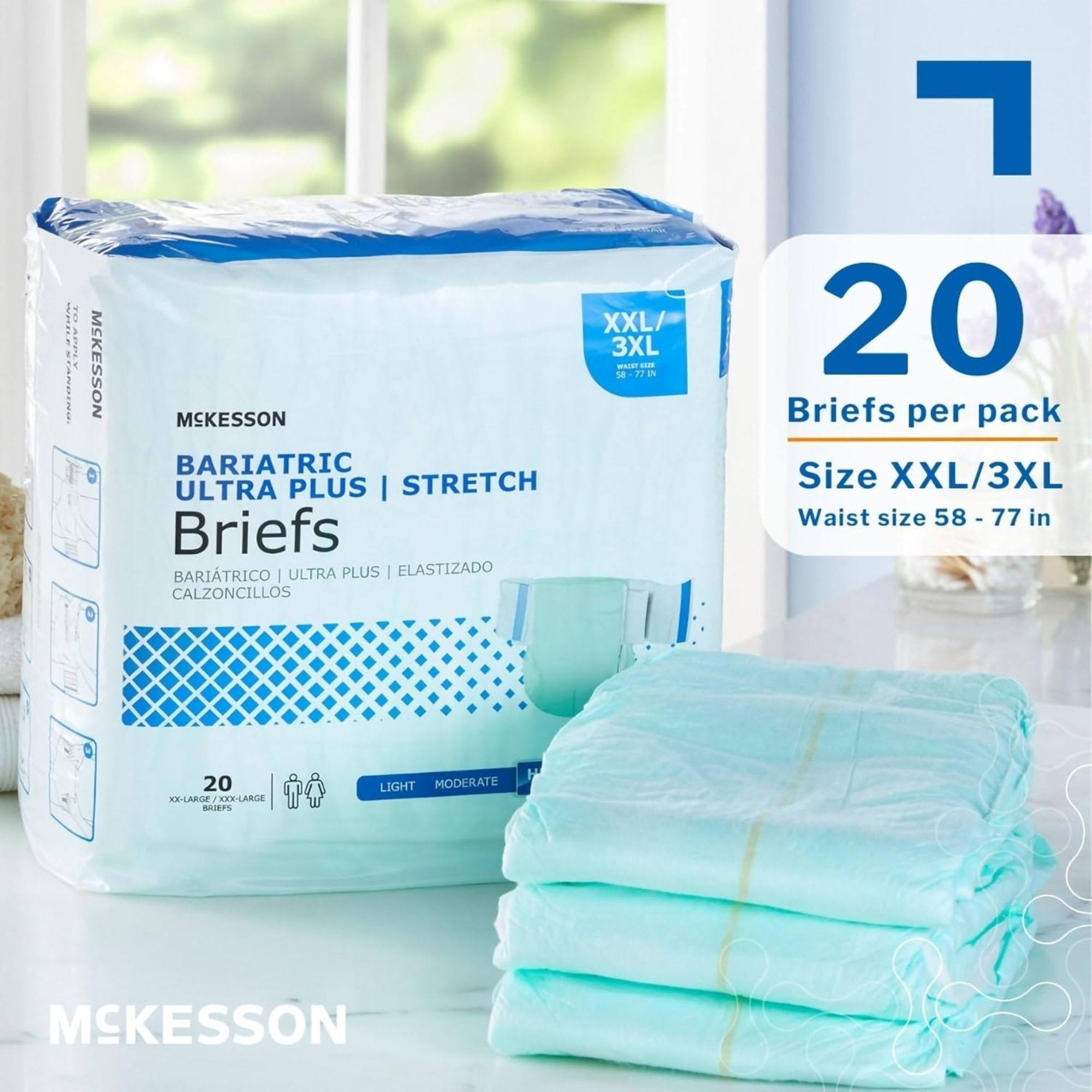 McKesson Bariatric Ultra Plus Stretch Brief Adult Diapers with Tabs, Heavy Absorbency, BRSTRBAR, Light Green - 2XL/3XL (58-77") - Bag of 20
