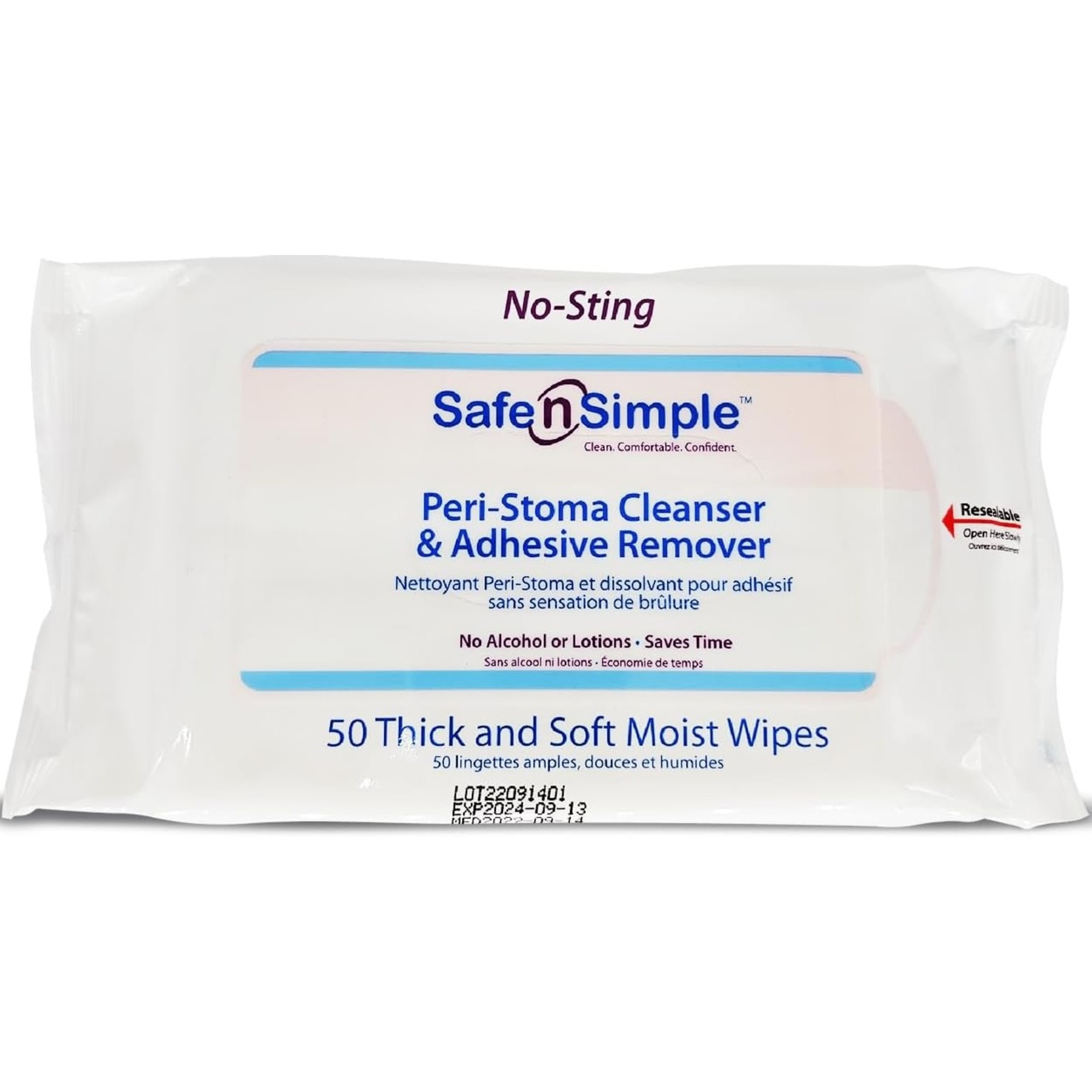 Safe n Simple Peri-Stoma Cleanser & Adhesive Remover Wipes, SNS00525, Pack of 50