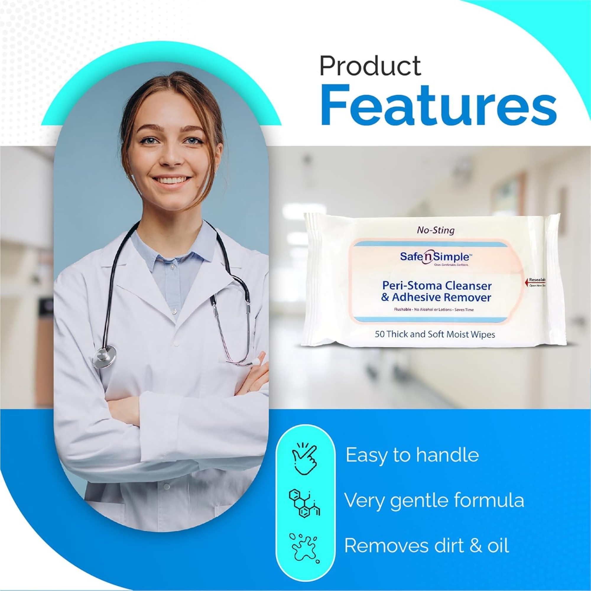 Safe n Simple Peri-Stoma Cleanser & Adhesive Remover Wipes, SNS00525, Pack of 50