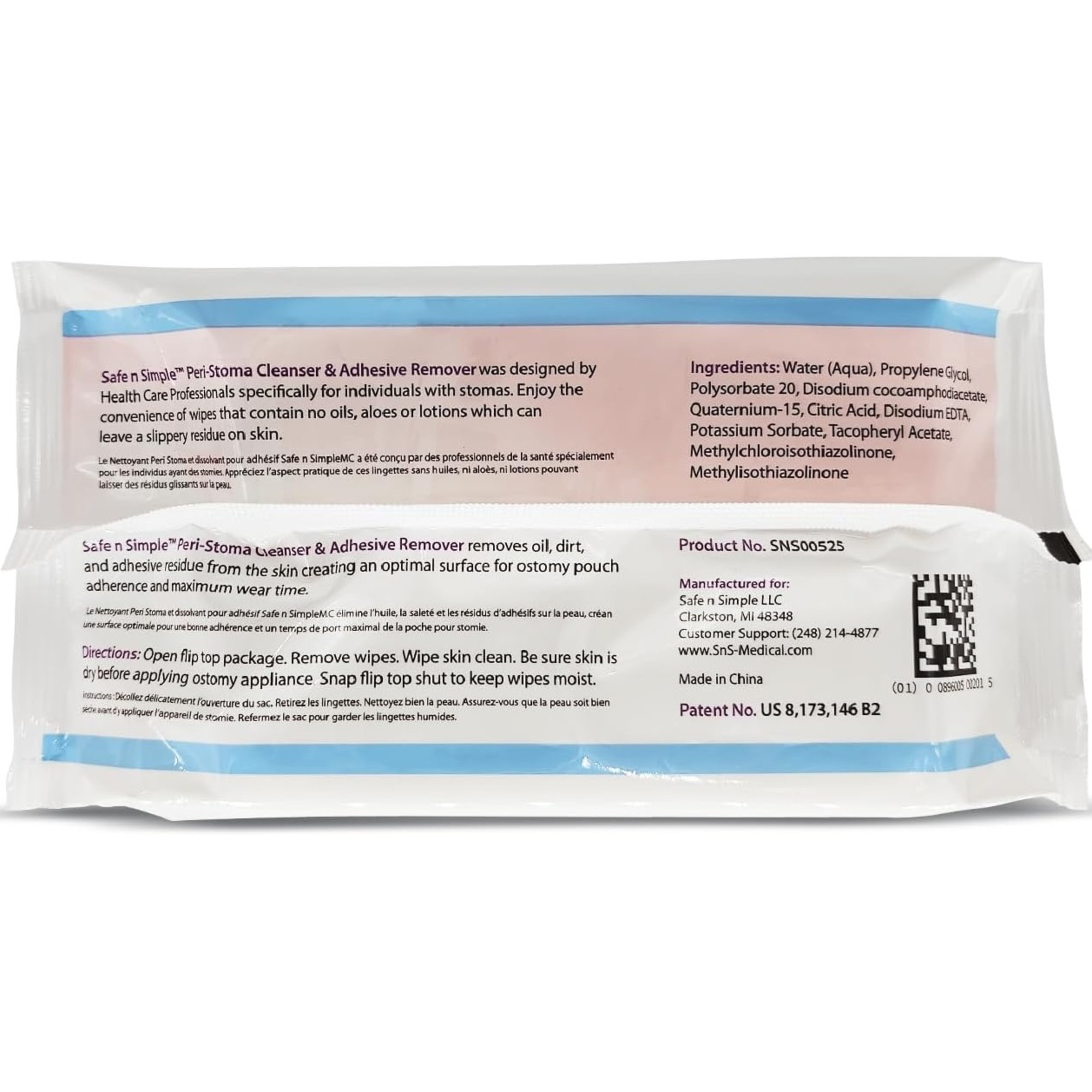 Safe n Simple Peri-Stoma Cleanser & Adhesive Remover Wipes, SNS00525, Pack of 50
