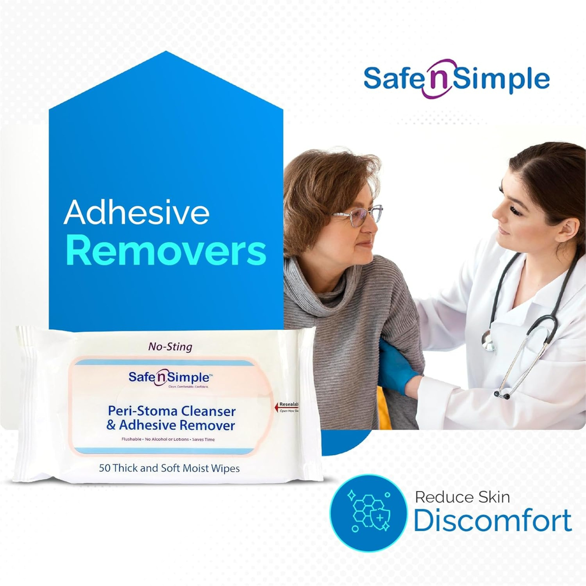 Safe n Simple Peri-Stoma Cleanser & Adhesive Remover Wipes, SNS00525, Pack of 50