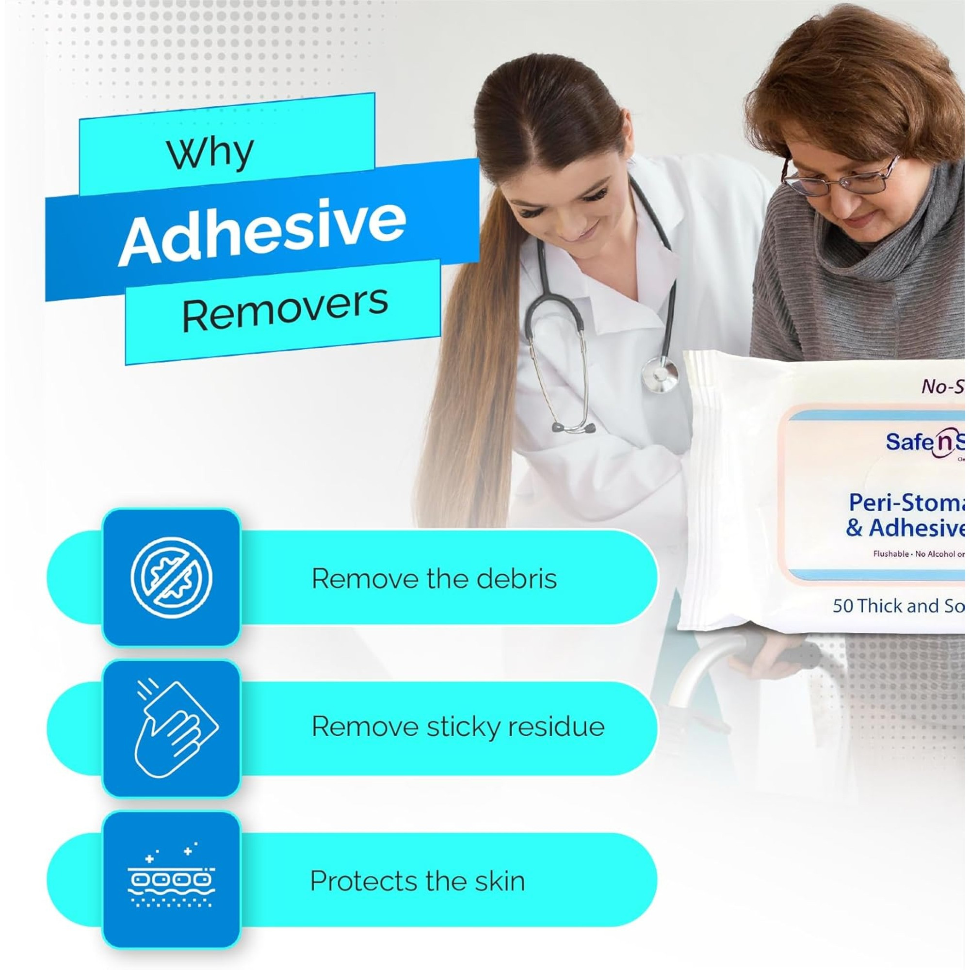 Safe n Simple Peri-Stoma Cleanser & Adhesive Remover Wipes, SNS00525, Pack of 50